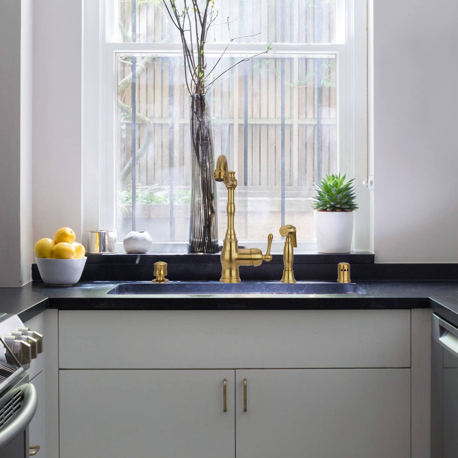 Alt View 4. Akicon - Akicon Solid Brass One-Handle 360° Swivel Widespread Kitchen Faucet with Side Spray in Brushed Gold - Brushed Gold.