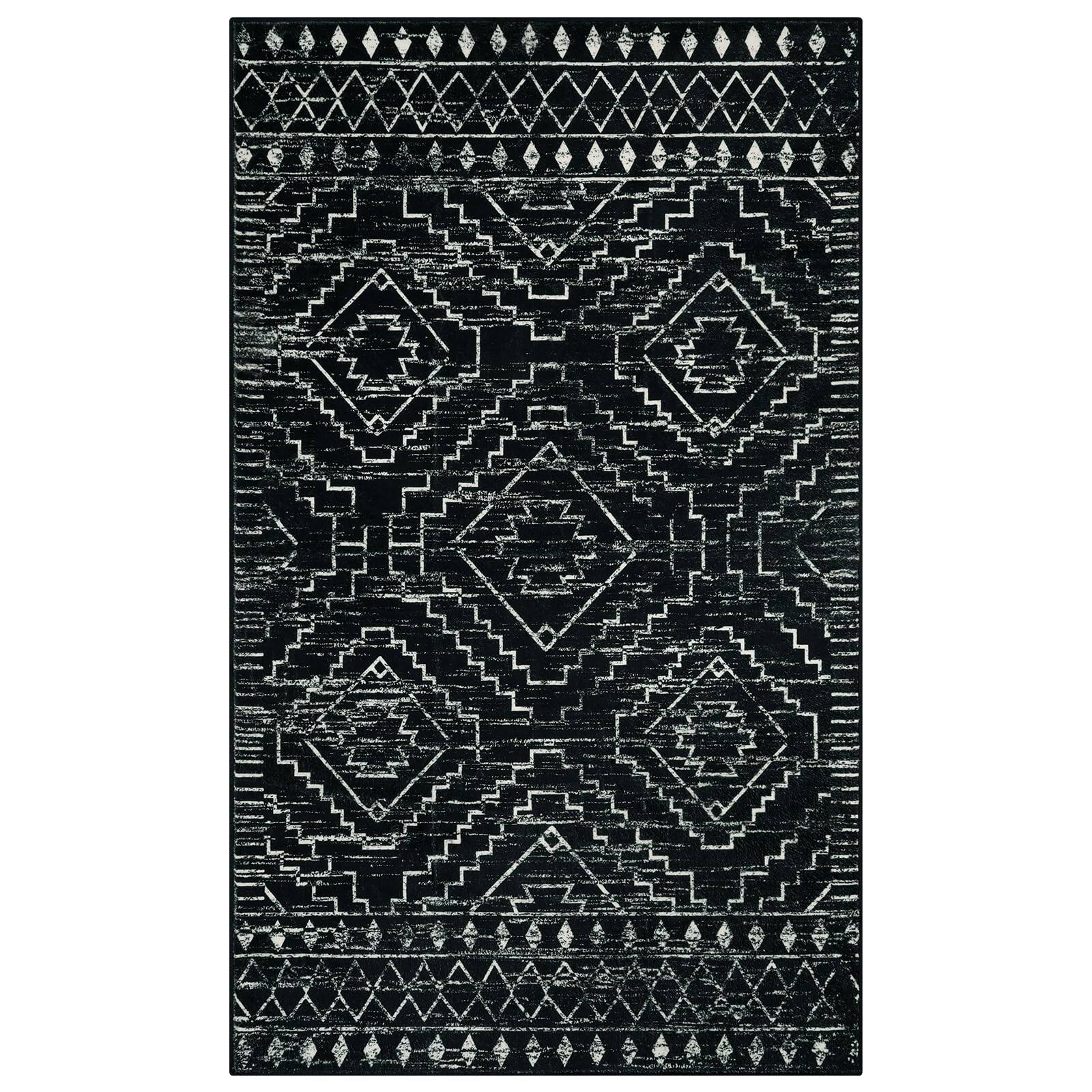 Alt View 5. Fabibe - 3X5 BLACK Farmhouse Rustic Geometric Non-Shedding Machine Washable Wool Synthetic - Black 9' x 12' (Rectangular).