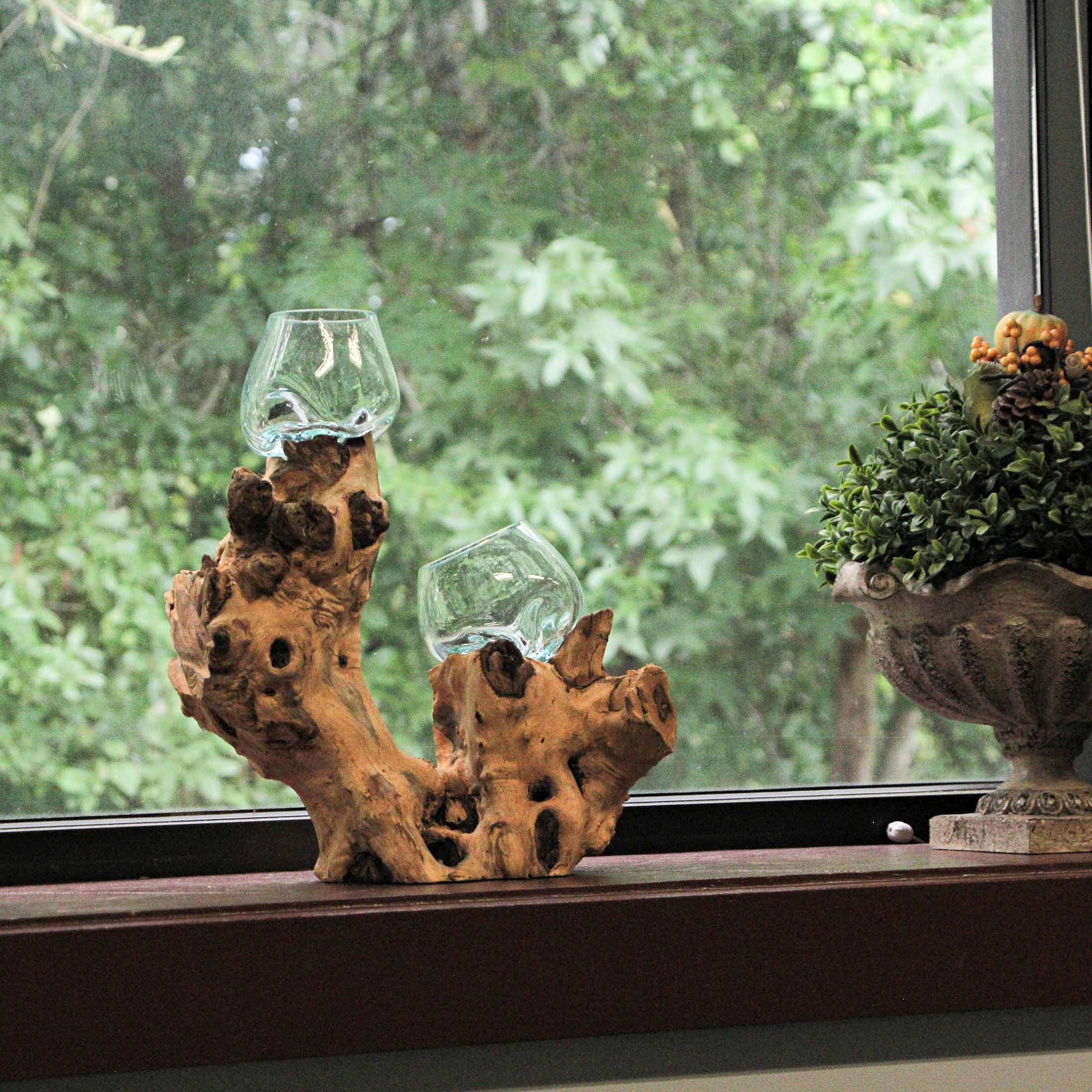 Alt View 4. Chesapeake Bay - Molten Glass On Root Wood Double Decorative Bowl Vase Plant Terrarium - Boho Style For Tabletops - Brown.