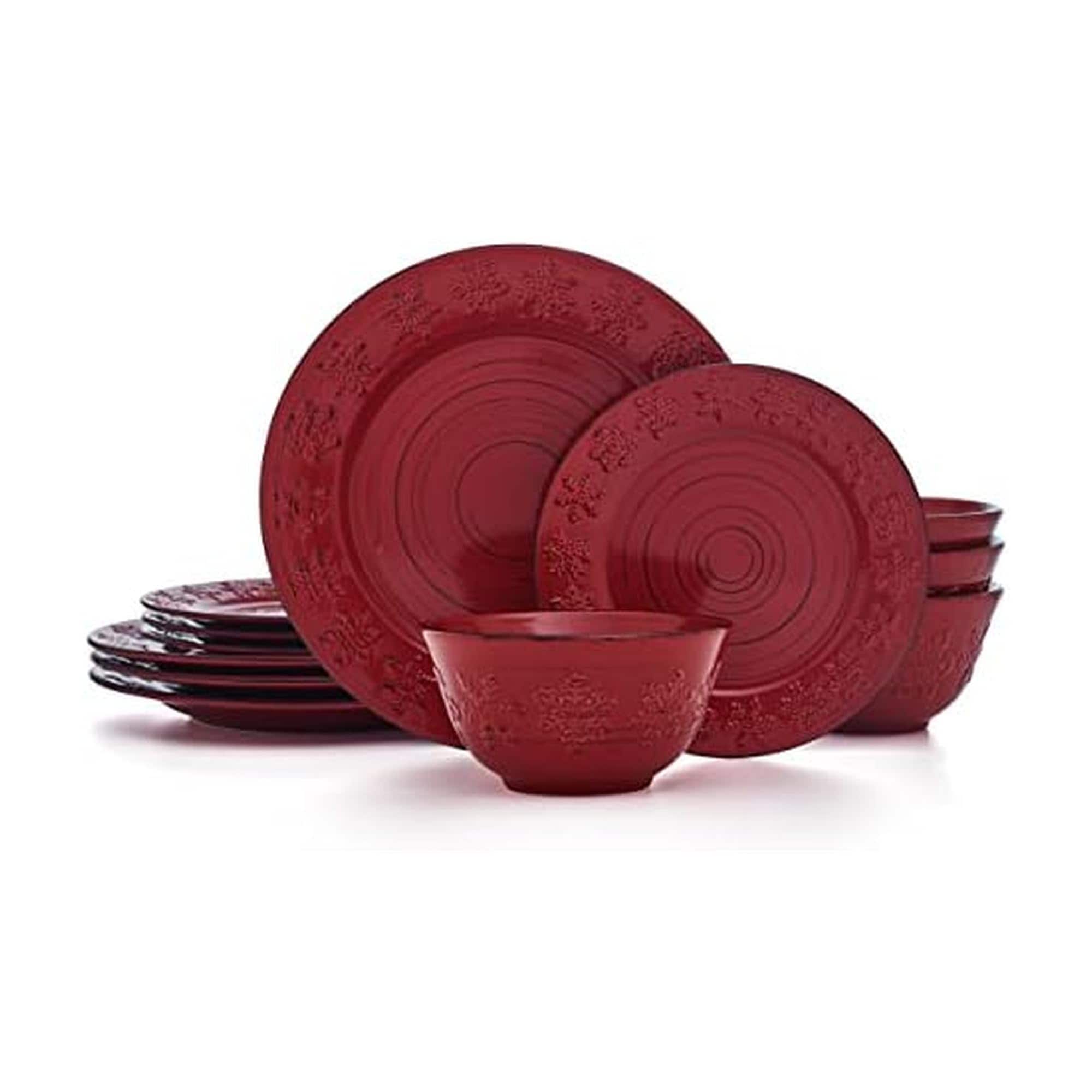 Dazzed Corner - 16-Piece Stoneware Dinnerware Set, Service for 4, Microwave & Dishwasher Safe Plates and Bowls - Red
