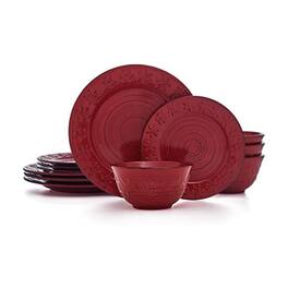 Dazzed Corner - 16-Piece Stoneware Dinnerware Set, Service for 4, Microwave & Dishwasher Safe Plates and Bowls - Red