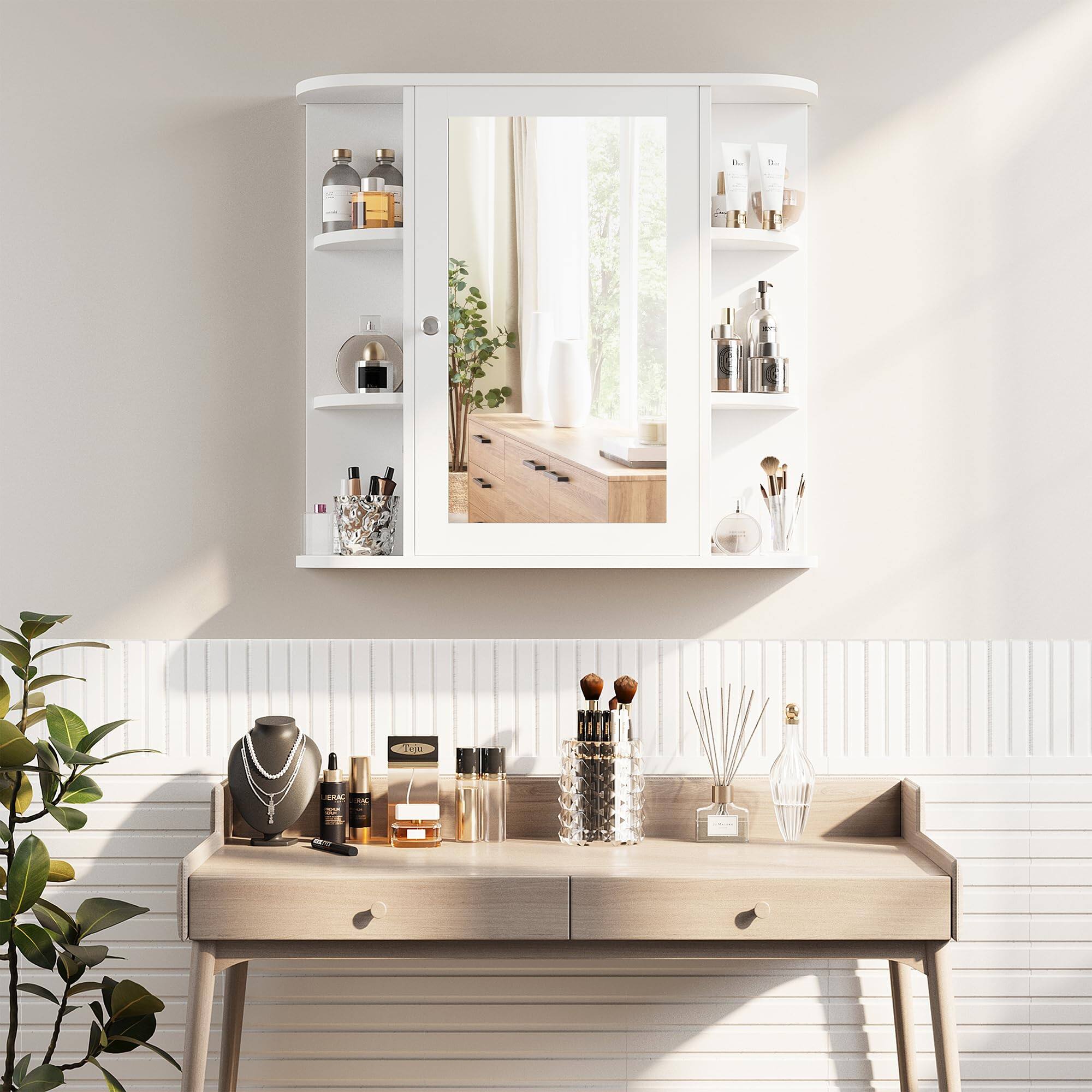 Alt View 4. Hirose Alice - Wall Cabinet With Mirror Mounted Cabinets 4 Internal And 6 Open Shelves Mirrored Door Over The Toilet Storage Solid - Solid White.