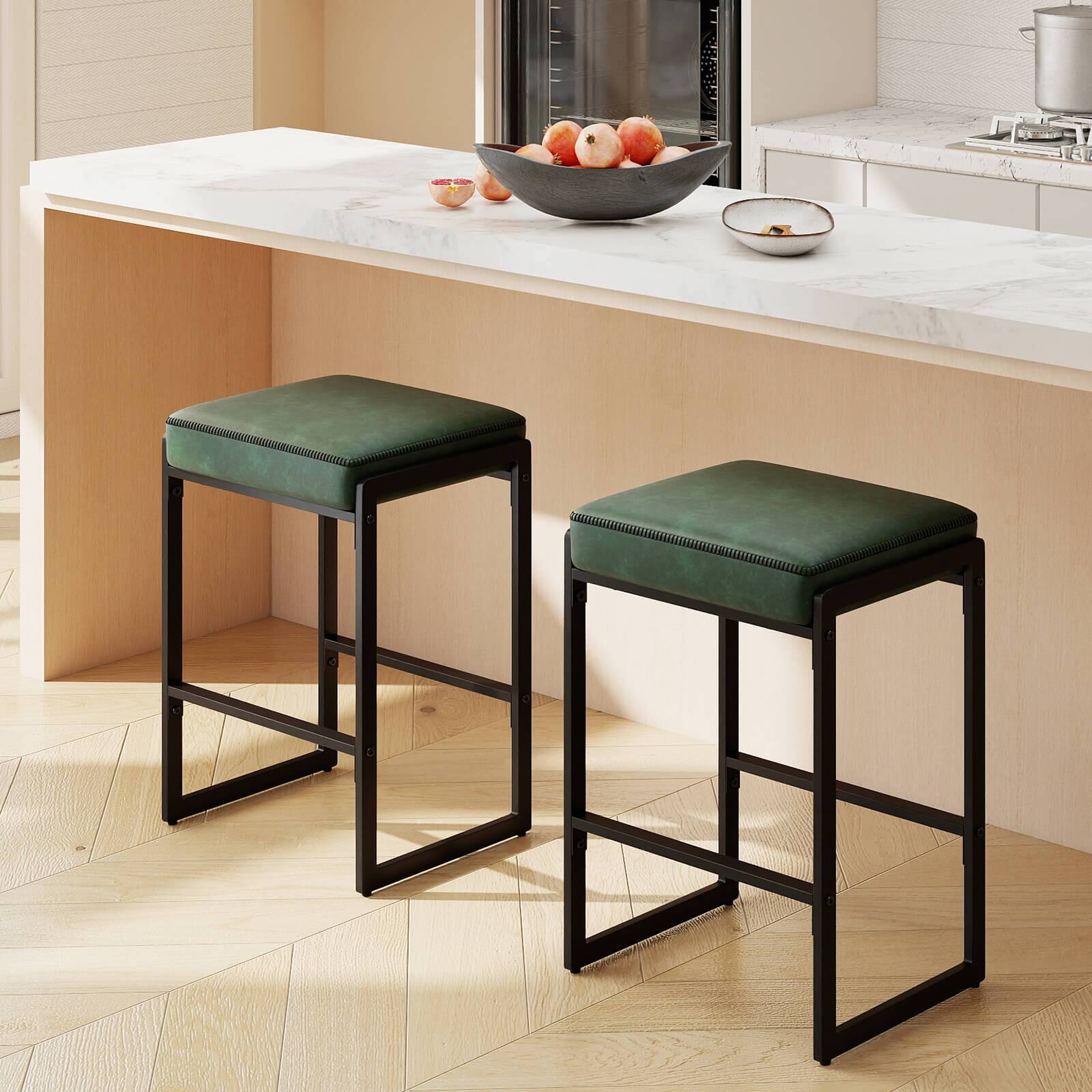 Alt View 3. Costway - Costway 26" Bar Stools Set of 2 with Faux Leather Upholstered Seat, Metal Legs, Footrests - Green + Black.