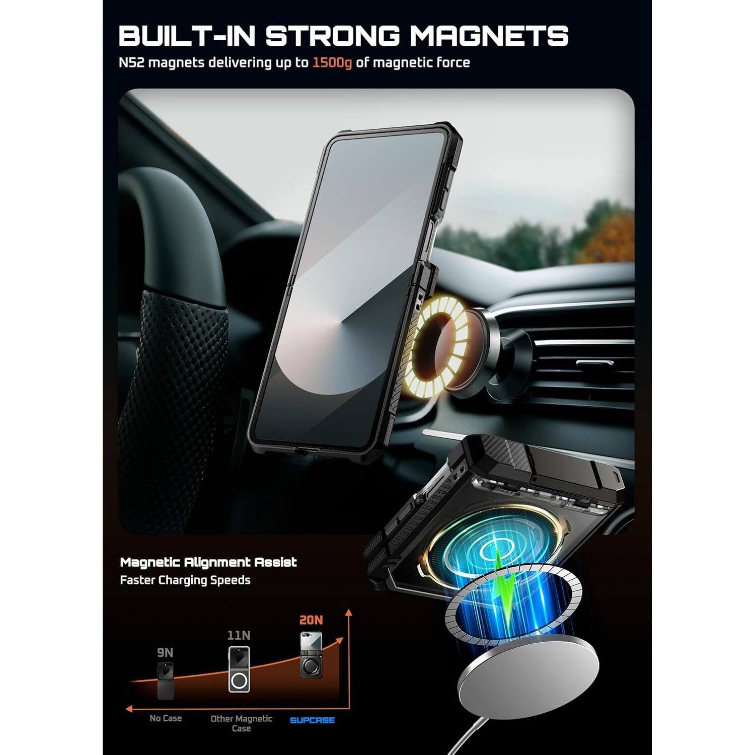 BUILT-IN STRONG MAGNETS
N52 magnets delivering up to 1500g of magnetic force
Magnetic Alignment Assist
Faster Charging Speeds
9N 11N 20N
No Case
Other Magnetic
SUPCASE