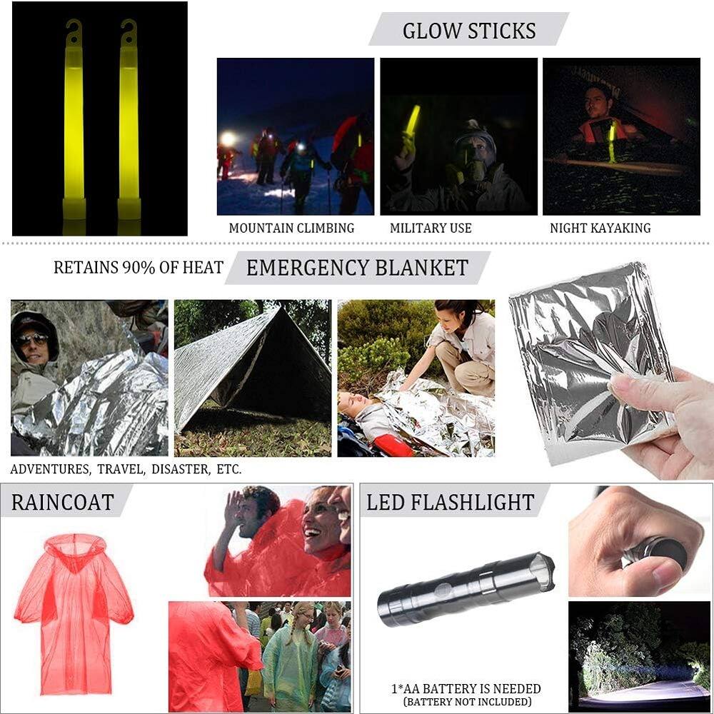 GLOW STICKS  
- MOUNTAIN CLIMBING  
- MILITARY USE  
- NIGHT KAYAKING  

EMERGENCY BLANKET  
- RETAINS 90% OF HEAT  
- ADVENTURES, TRAVEL, DISASTER, ETC.  

RAINCOAT  

LED FLASHLIGHT  
- 1*AA BATTERY IS NEEDED (BATTERY NOT INCLUDED)