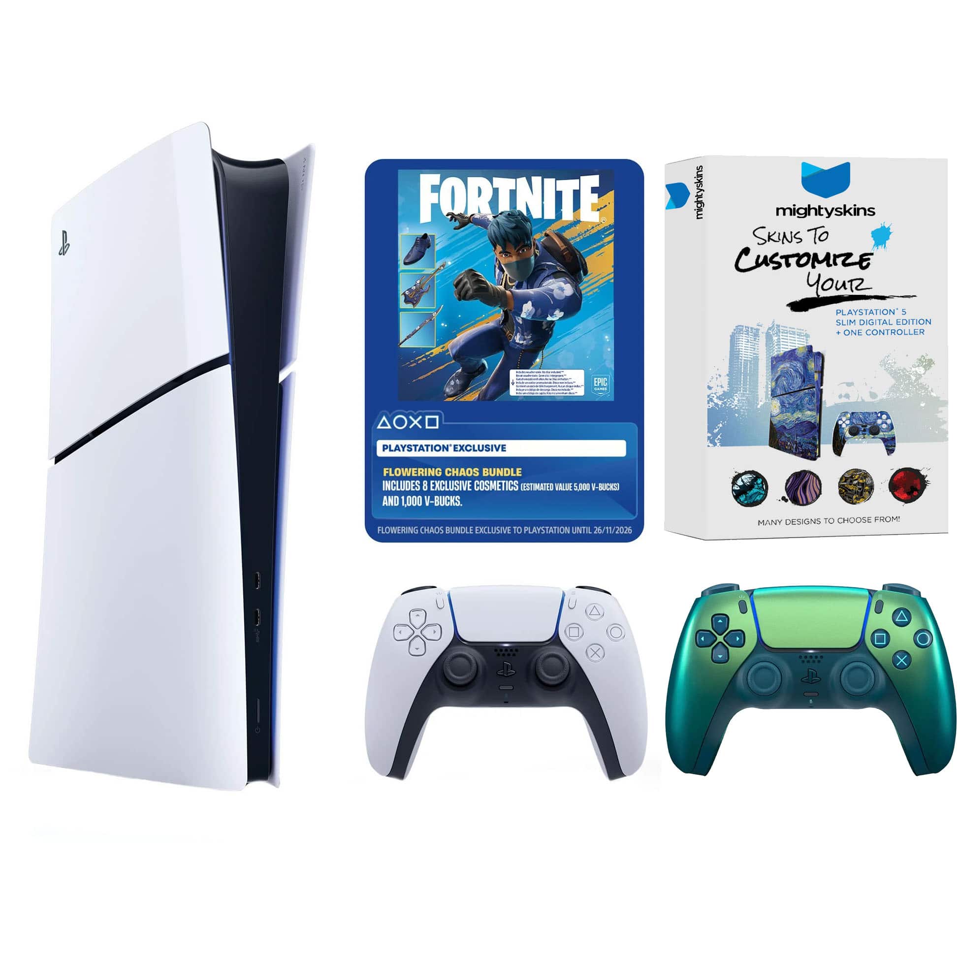 PlayStation 5 Digital Fortnite Flowering Chaos Bundle with Extra Controller and MightySkins Code - PlayStation 5