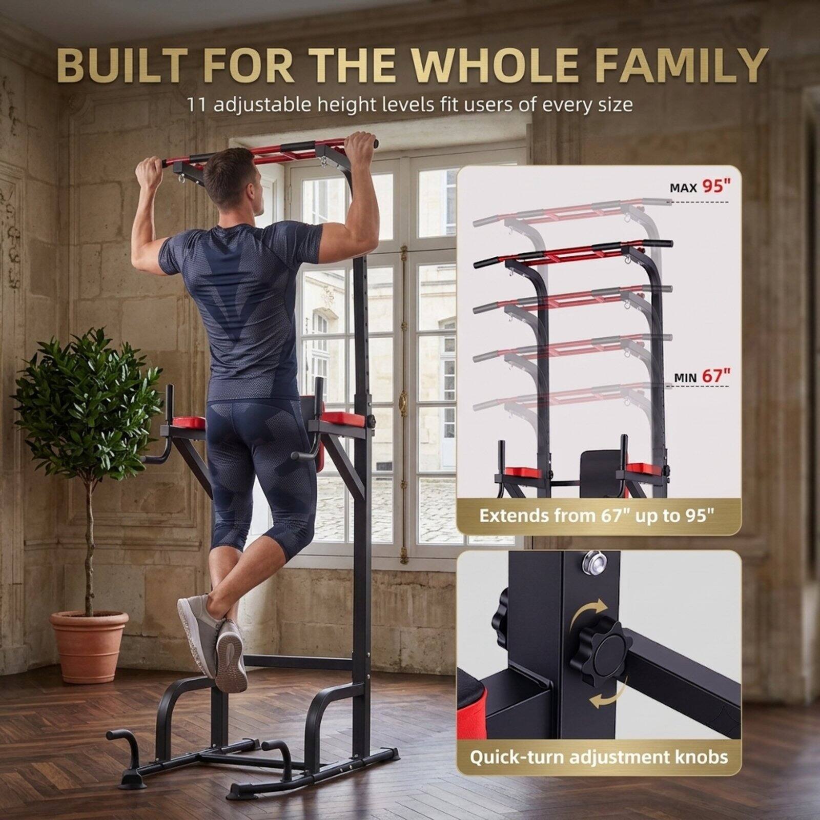 BUILT FOR THE WHOLE FAMILY  
11 adjustable height levels fit users of every size  
MAX 95"  
MIN 67"  
Extends from 67" up to 95"  
Quick-turn adjustment knobs