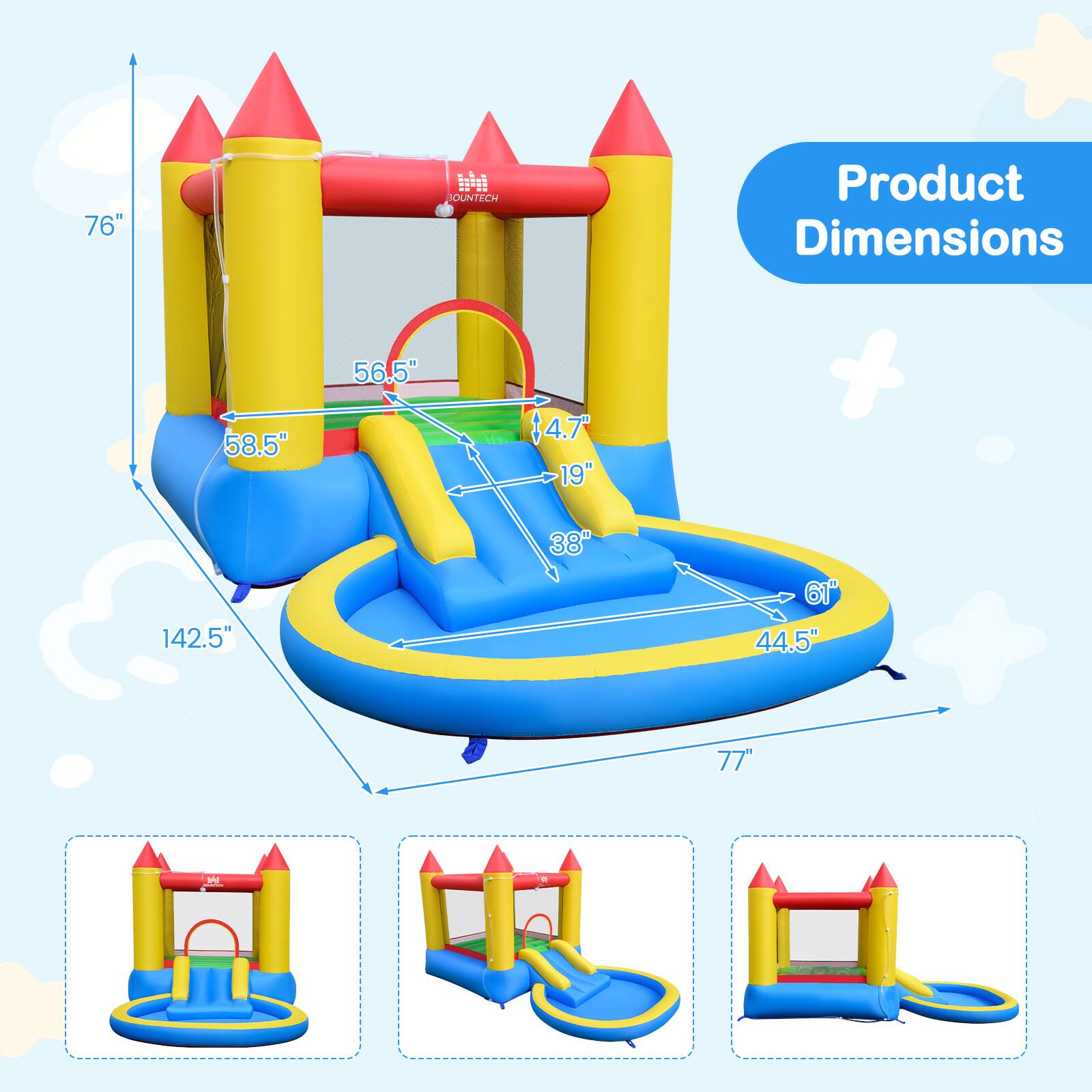 76" OUNTECH Product Dimensions 56.5" 58.5" 4.7" 19" 142.5" 38" 61" 44.5" 77"