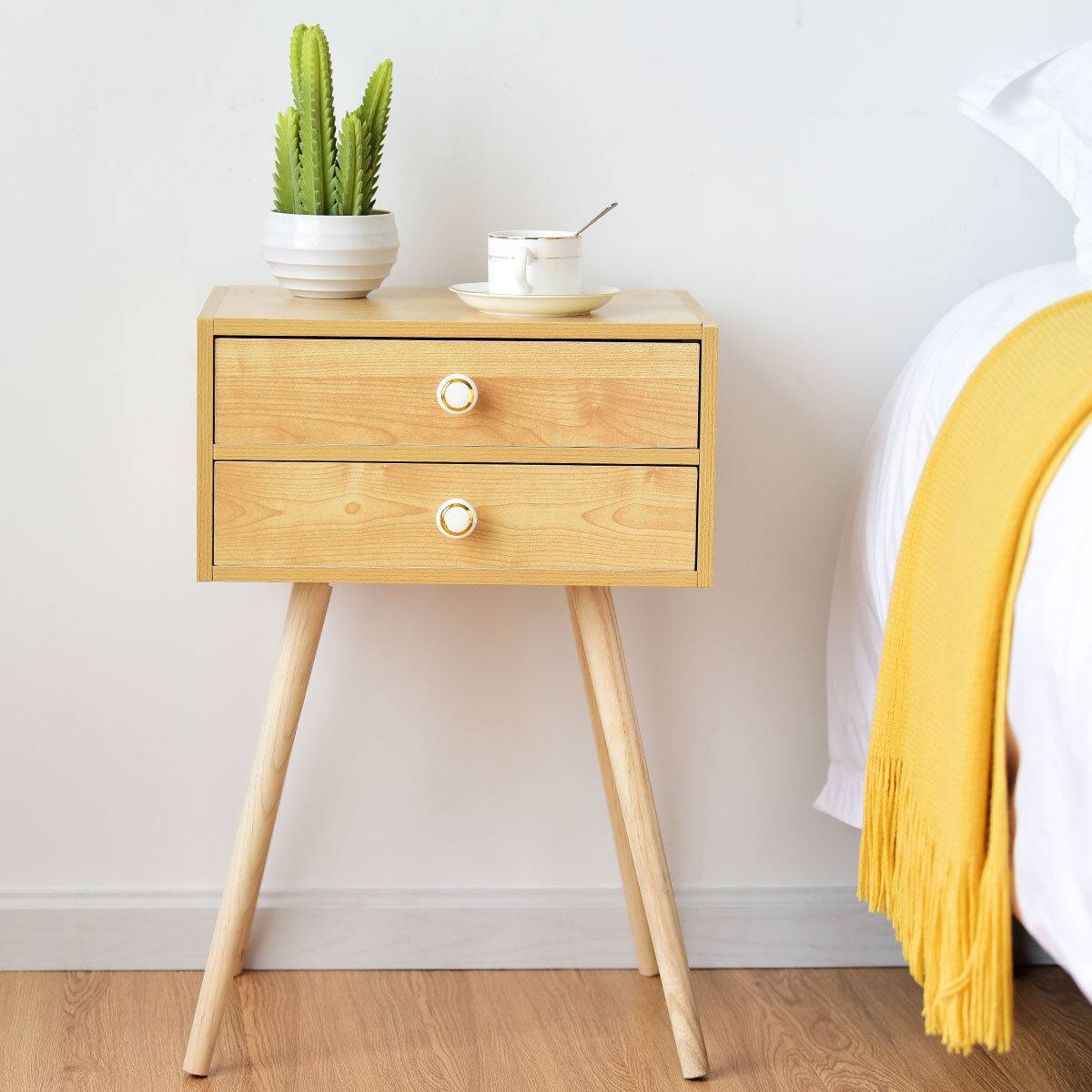 Alt View 13. Costway - Mid Century Modern 2 Drawers Nightstand In Sofa Side Table End Table Yellow - Natural.