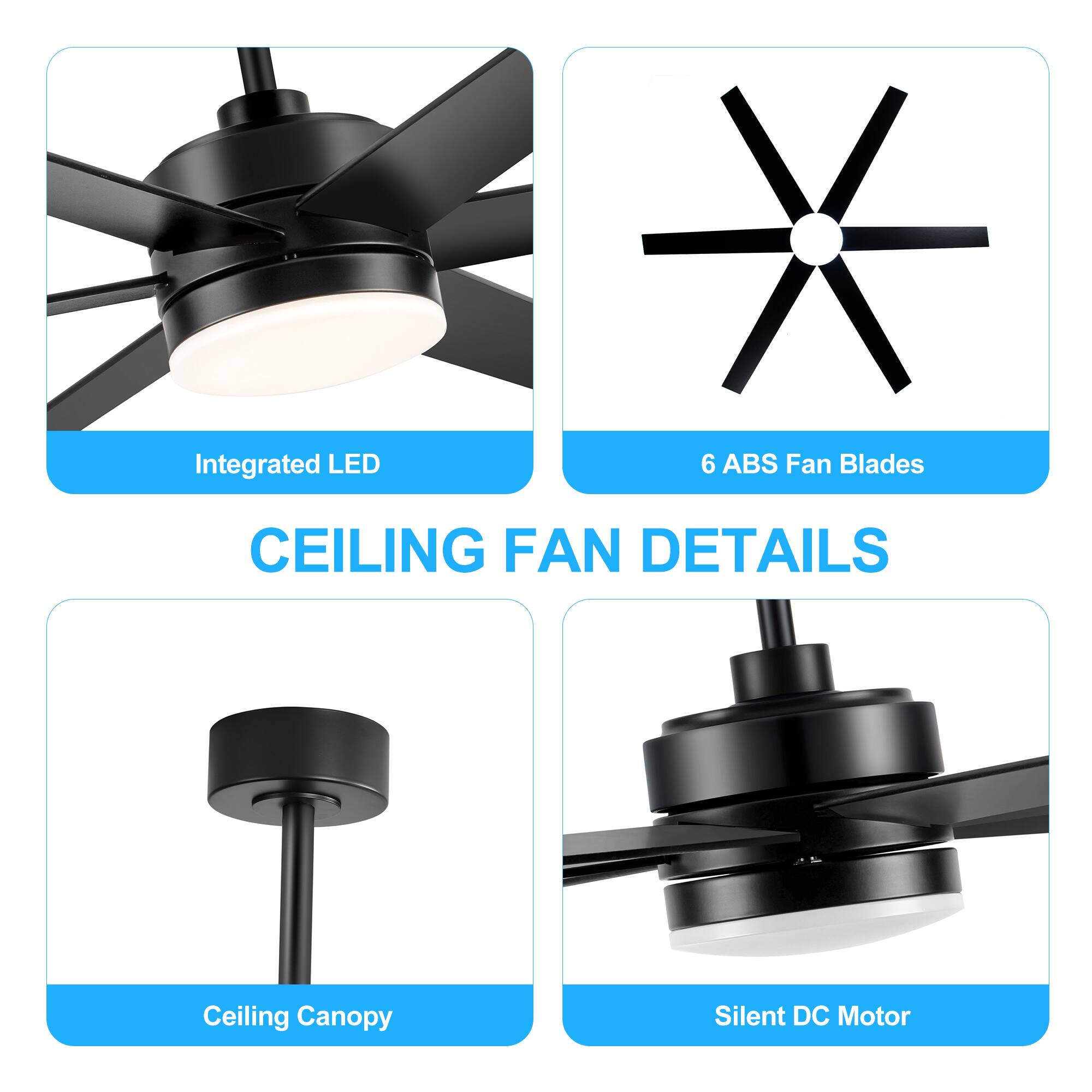 Integrated LED, 6 ABS Fan Blades, Ceiling Canopy, Silent DC Motor