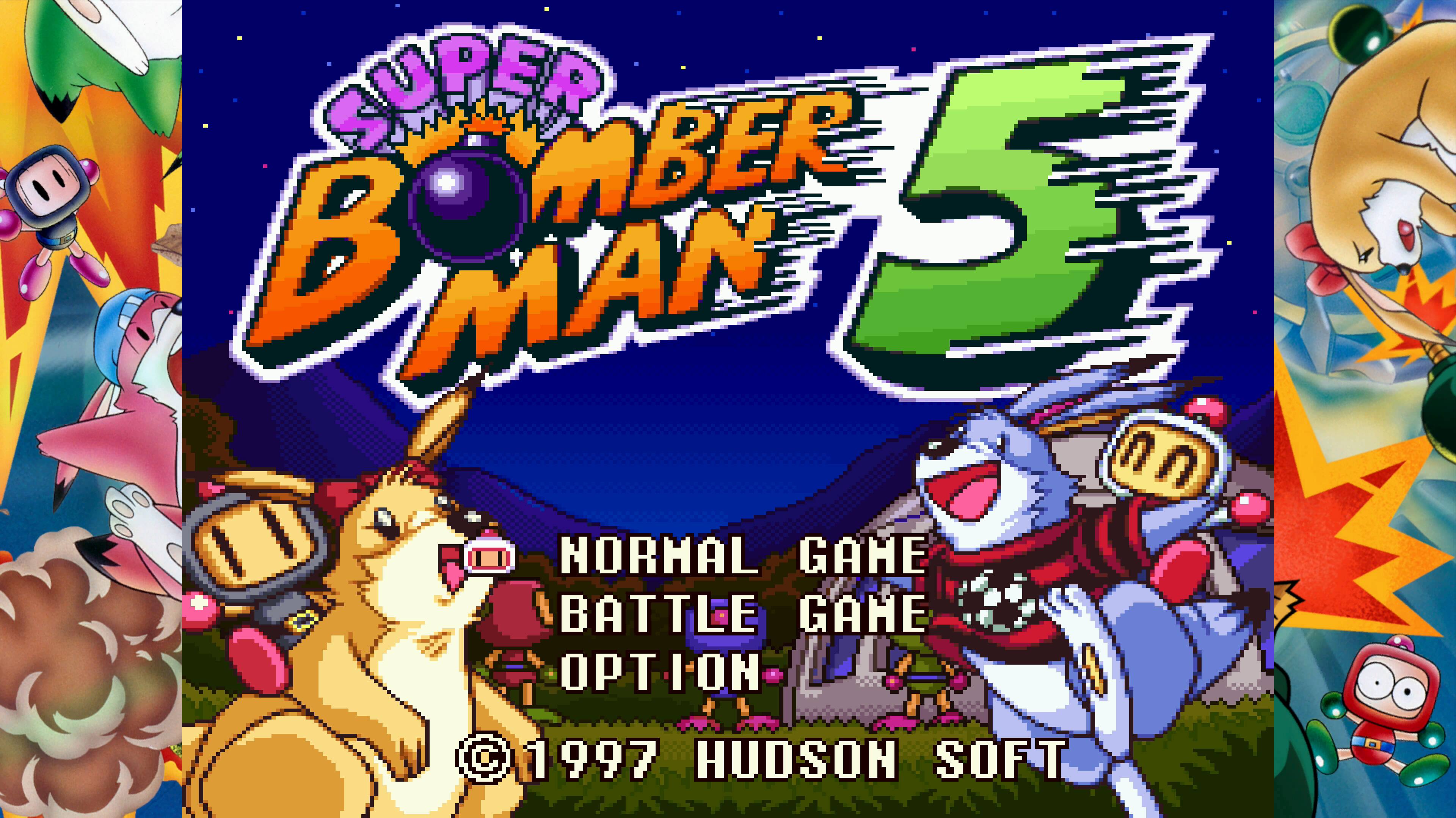 SUPER BOMBER MAN 5  
NORMAL GAME  
BATTLE GAME  
OPTION  
© 1997 HUDSON SOFT