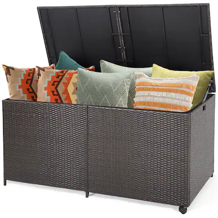 Front. Gymax - Gymax Patio 175 Gallon Rattan Wicker Storage Deck Box Container Wheels w/ Liner Garden - Mix Brown.