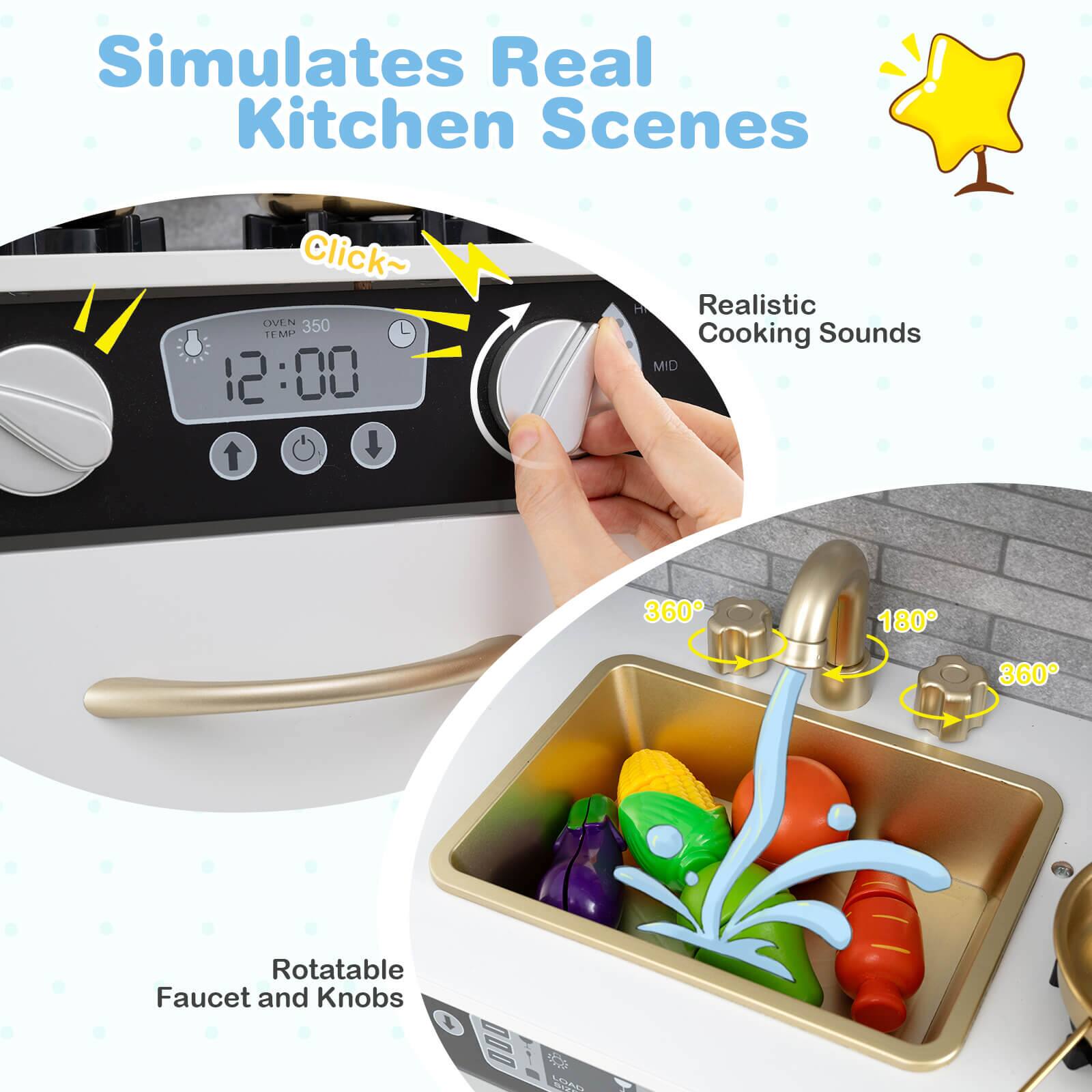 Simulates Real Kitchen Scenes

Click~

OVEN 350 TEMP 12:00

Realistic Cooking Sounds

Rotatable Faucet and Knobs

360° 180° 360°
