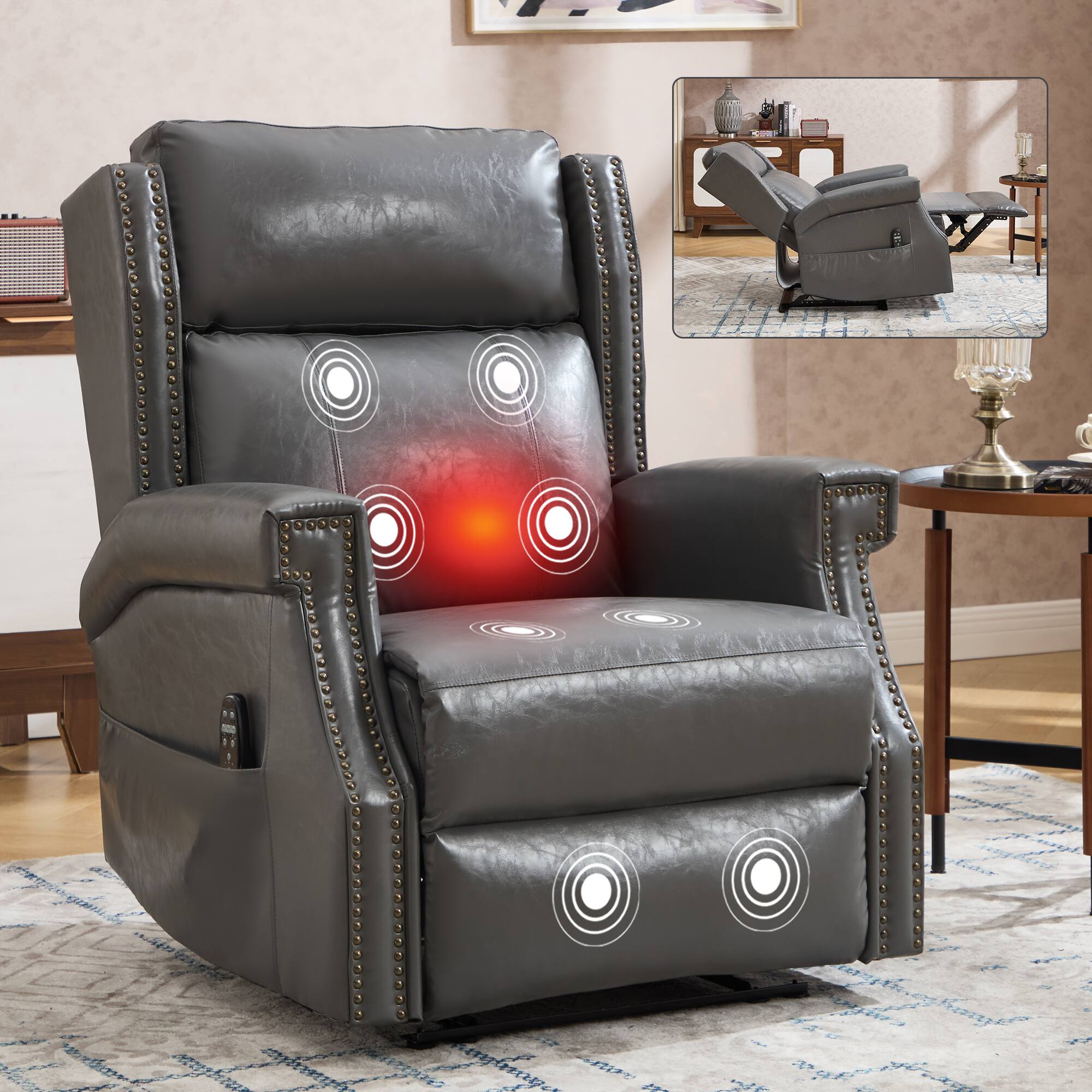 Left. Akoasm - Manual Massage Chair Recliner Chair in Faux Leather with Heavy Duty Motion Mechanism with 3 Massage Modes-Grey - Grey.