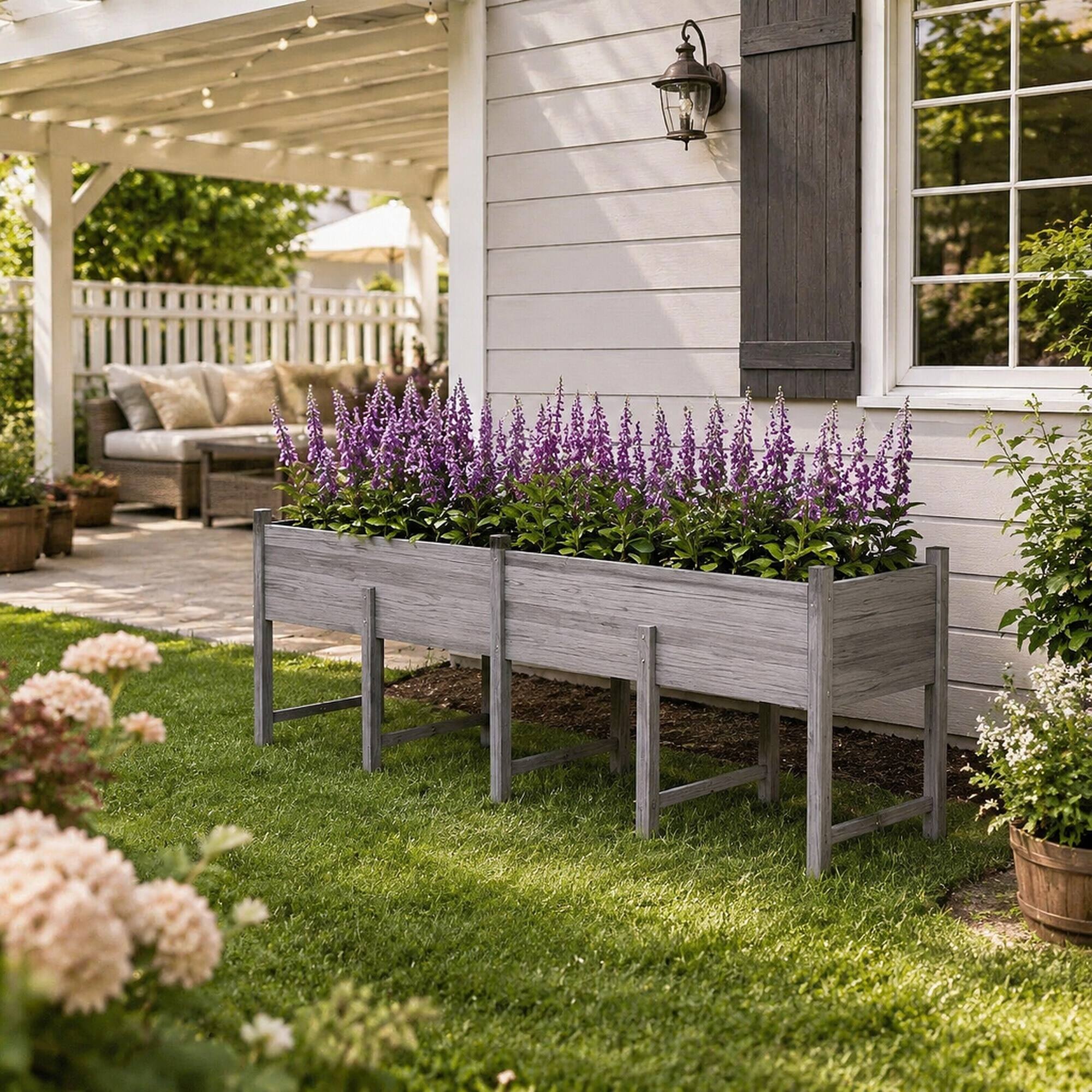 Alt View 1. RYHNUYNE - Elevated Wooden Raised Garden Bed with Legs, Extra Large 86.5 by 19.75 Inch Planter Box with Drain Holes - Grey.