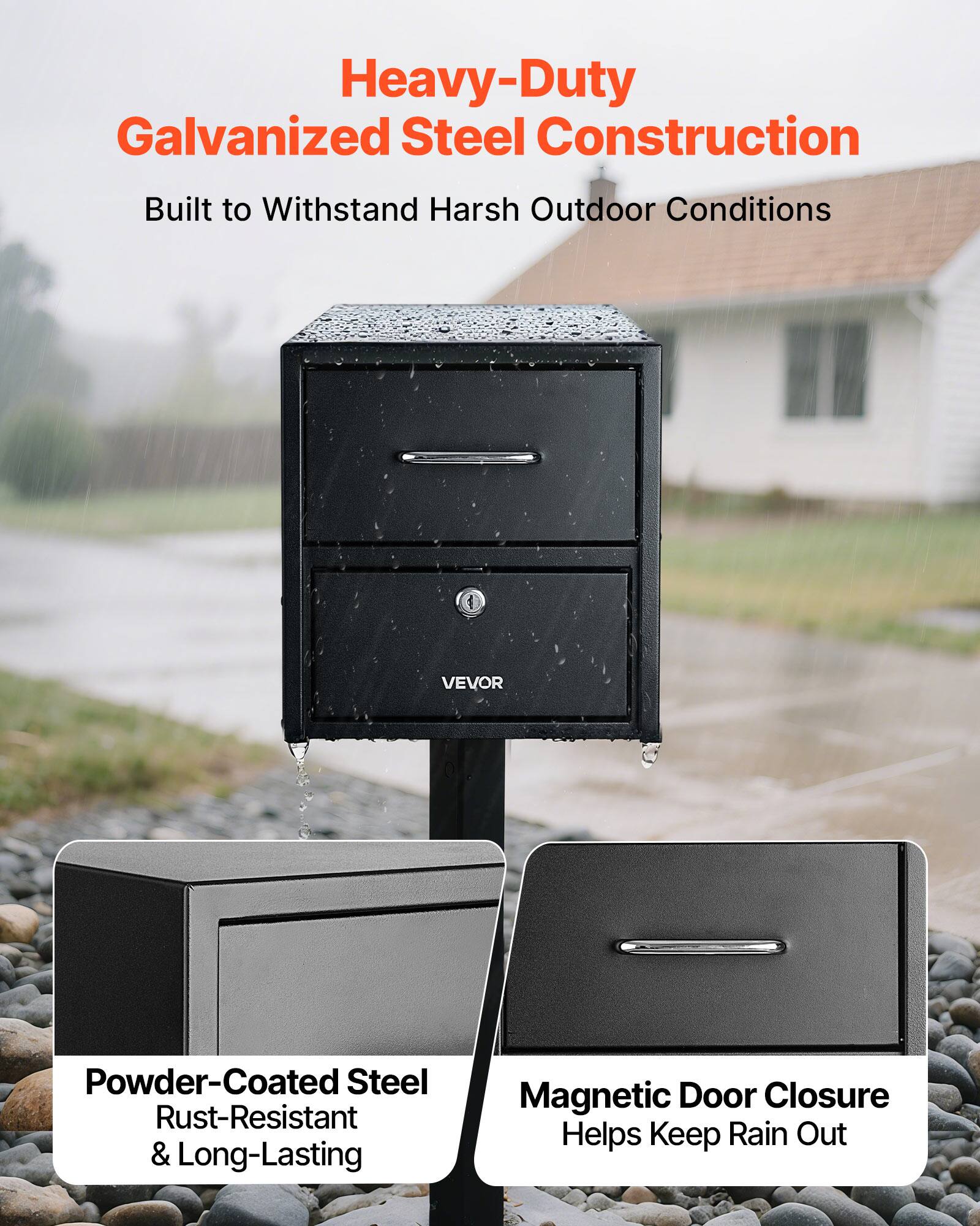 Heavy-Duty Galvanized Steel Construction  
Built to Withstand Harsh Outdoor Conditions  

Powder-Coated Steel  
Rust-Resistant & Long-Lasting  

Magnetic Door Closure  
Helps Keep Rain Out