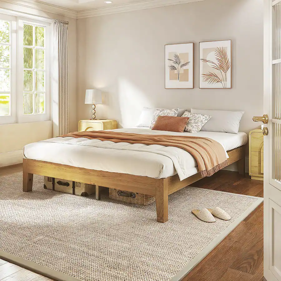 Bestier Solid Wood Farmhouse Platform Bed Frame, No Box Spring Needed ...