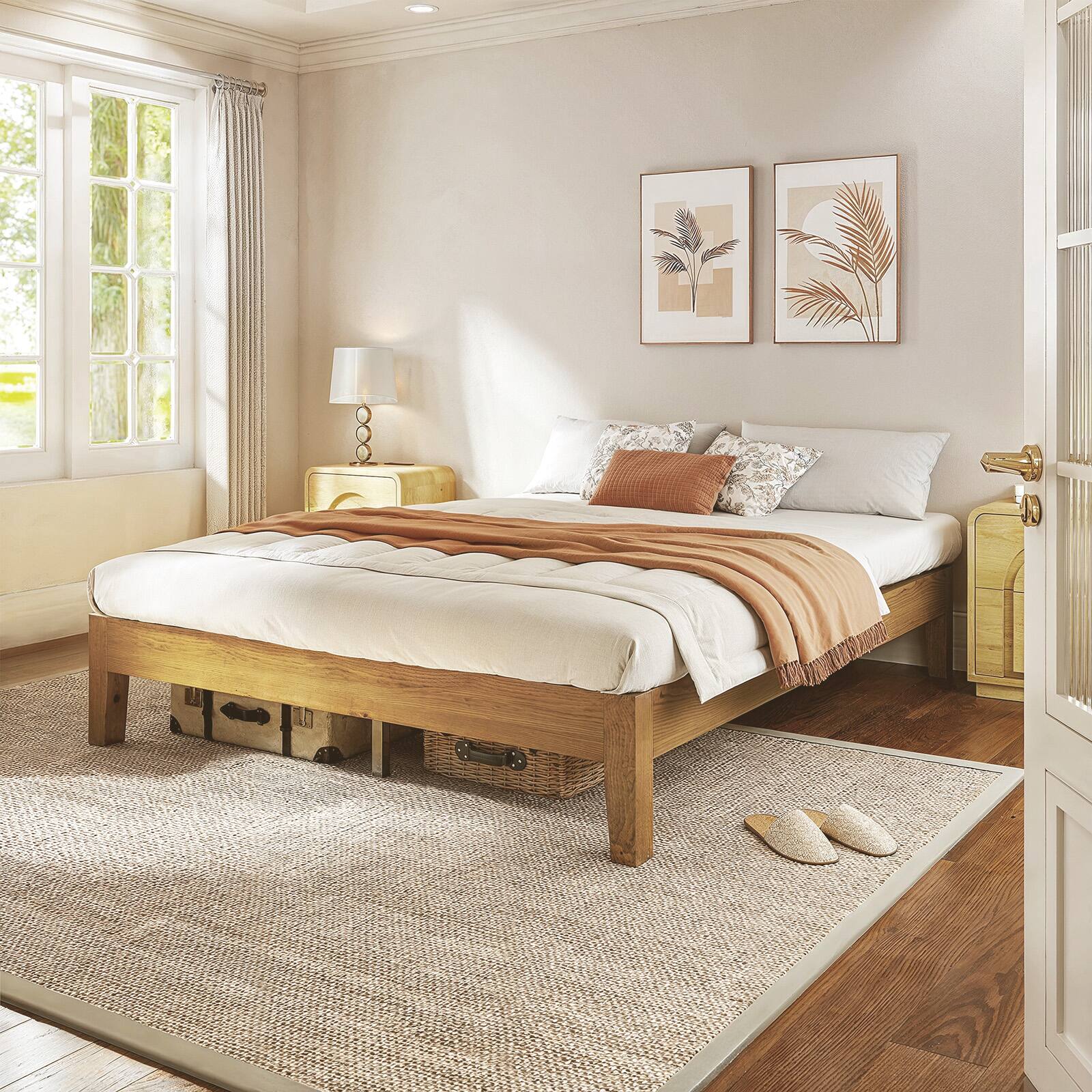 Left. Bestier - Solid Wood Farmhouse Platform Bed Frame, No Box Spring Needed, 6.5" Under Bed Storage & Quiet Design - Caramel.