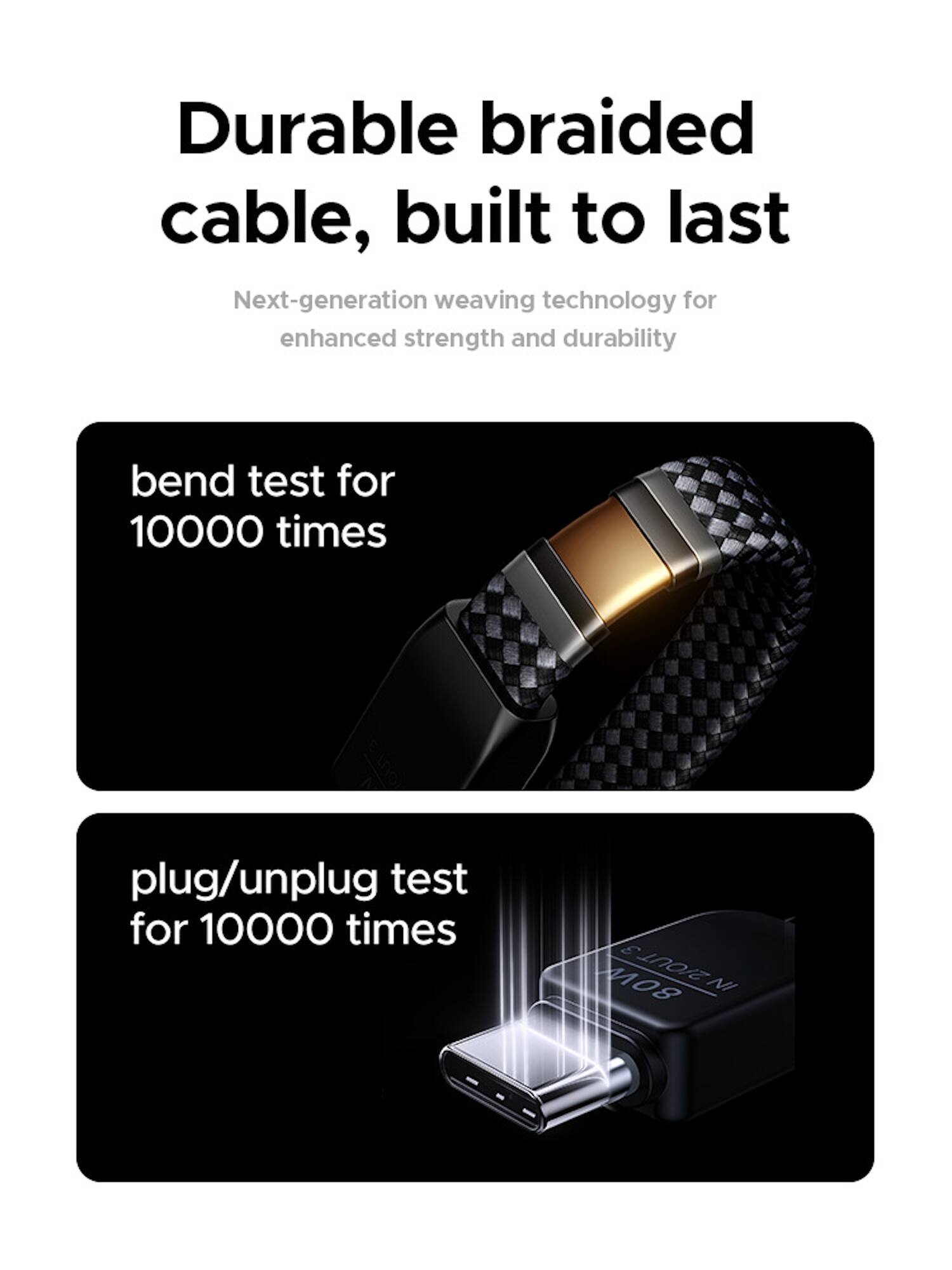 Durable braided cable, built to last  
Next-generation weaving technology for enhanced strength and durability  

bend test for 10000 times  
plug/unplug test for 10000 times  

3 80W 2/OUT NI