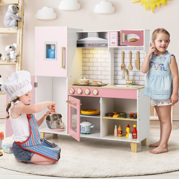 Angle. SlickBlue - Interactive Wooden Pretend Kitchen with Ice Maker, Range Hood and Blackboard - Pink.