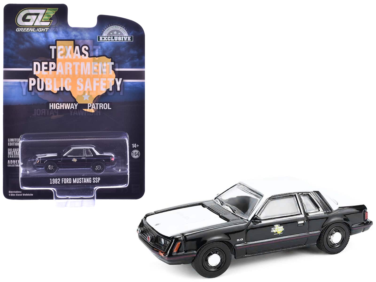 "1982 Ford Mustang SSP ""Texas Highway Patrol"" Black with White Hood and Top 1/64 Diecast Model Cars by Greenlight" price history on PriceWatchPro