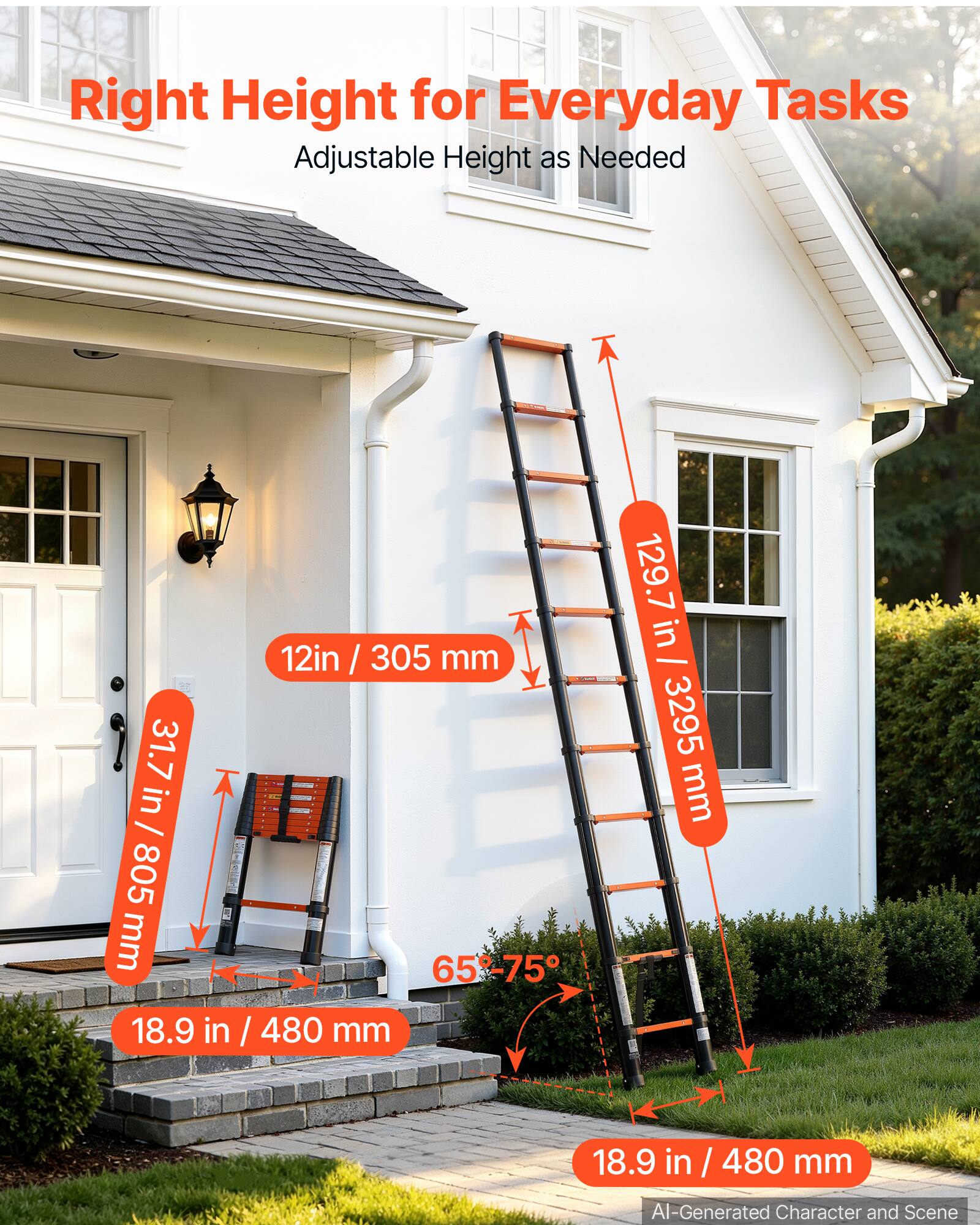 Right Height for Everyday Tasks  
Adjustable Height as Needed  

12in / 305 mm  
31.7 in / 805 mm  
129.7 in / 3295 mm  
18.9 in / 480 mm  

65-75°  

AI-Generated Character and Scene