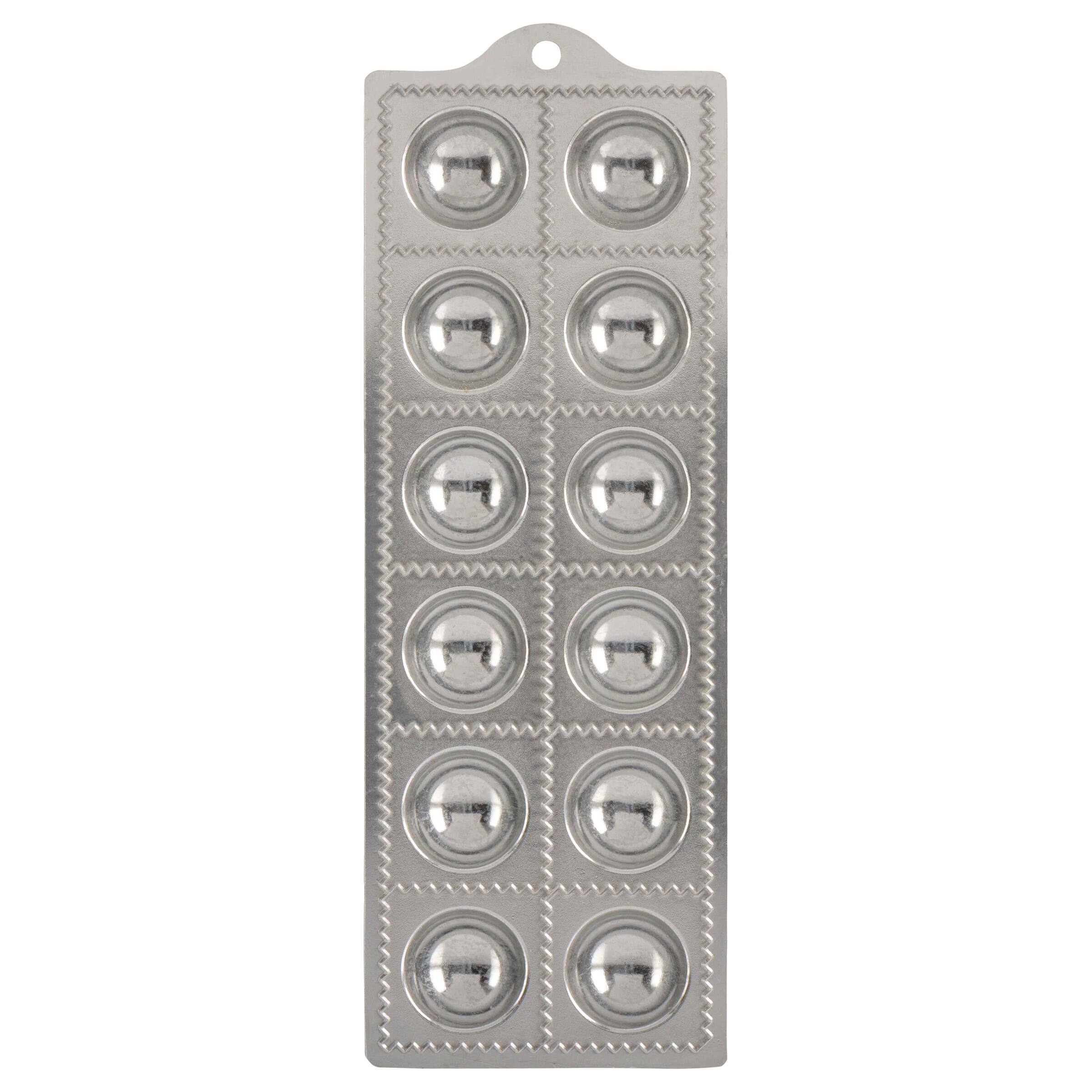 Front. Kings County Tools - Round Ravioli Mold with Roller - Silver.