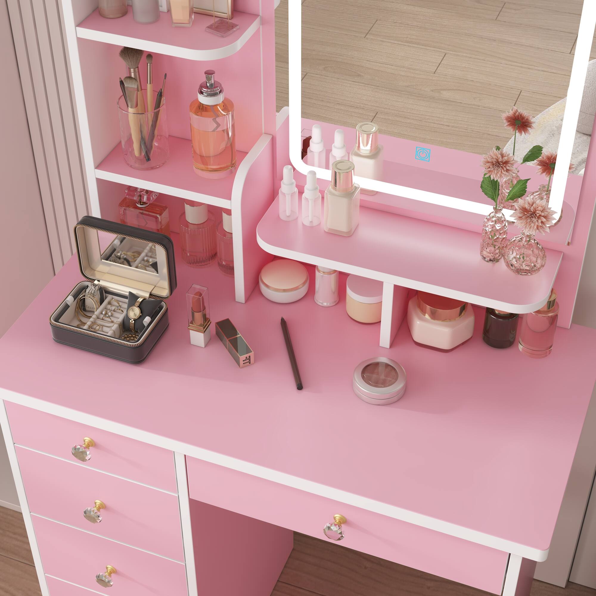 Alt View 4. Famapy - Vanity Table with LED Mirror Storage Dresser Drawers & Stool – Makeup Organizer for Bedroom - Pink.
