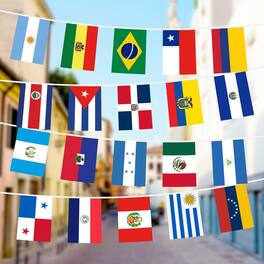 G128 - Latin America 20-Country Bunting Banner — 33 ft, 38 Mini Flags, 150D Polyester - Assorted Colors