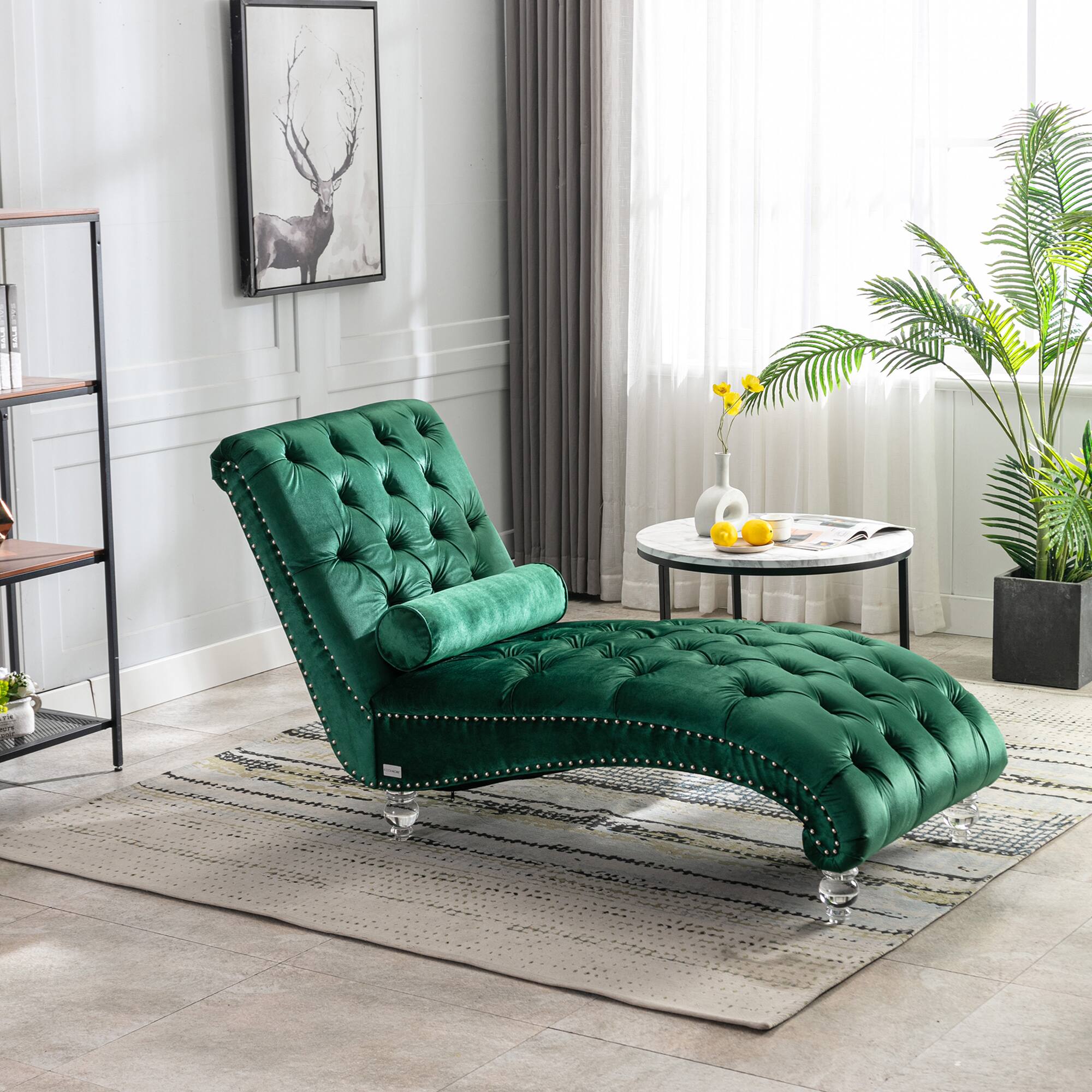 Angle. Trinkets Crazed - Velvet Indoor Chaise Lounge Chair with Toss Pillow, Upholstered Modern Tufted Button Lounge Chair with Acrylic Legs - Emerald.
