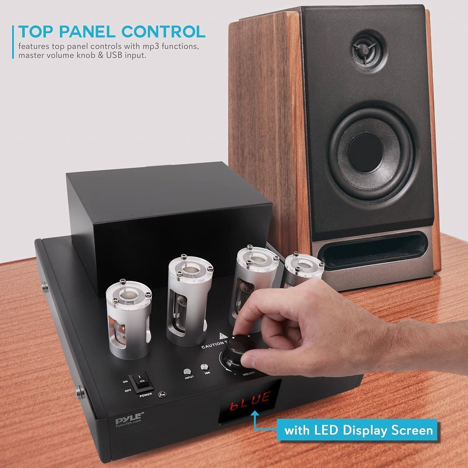 TOP PANEL CONTROL  
features top panel controls with mp3 functions, master volume knob & USB input.

with LED Display Screen