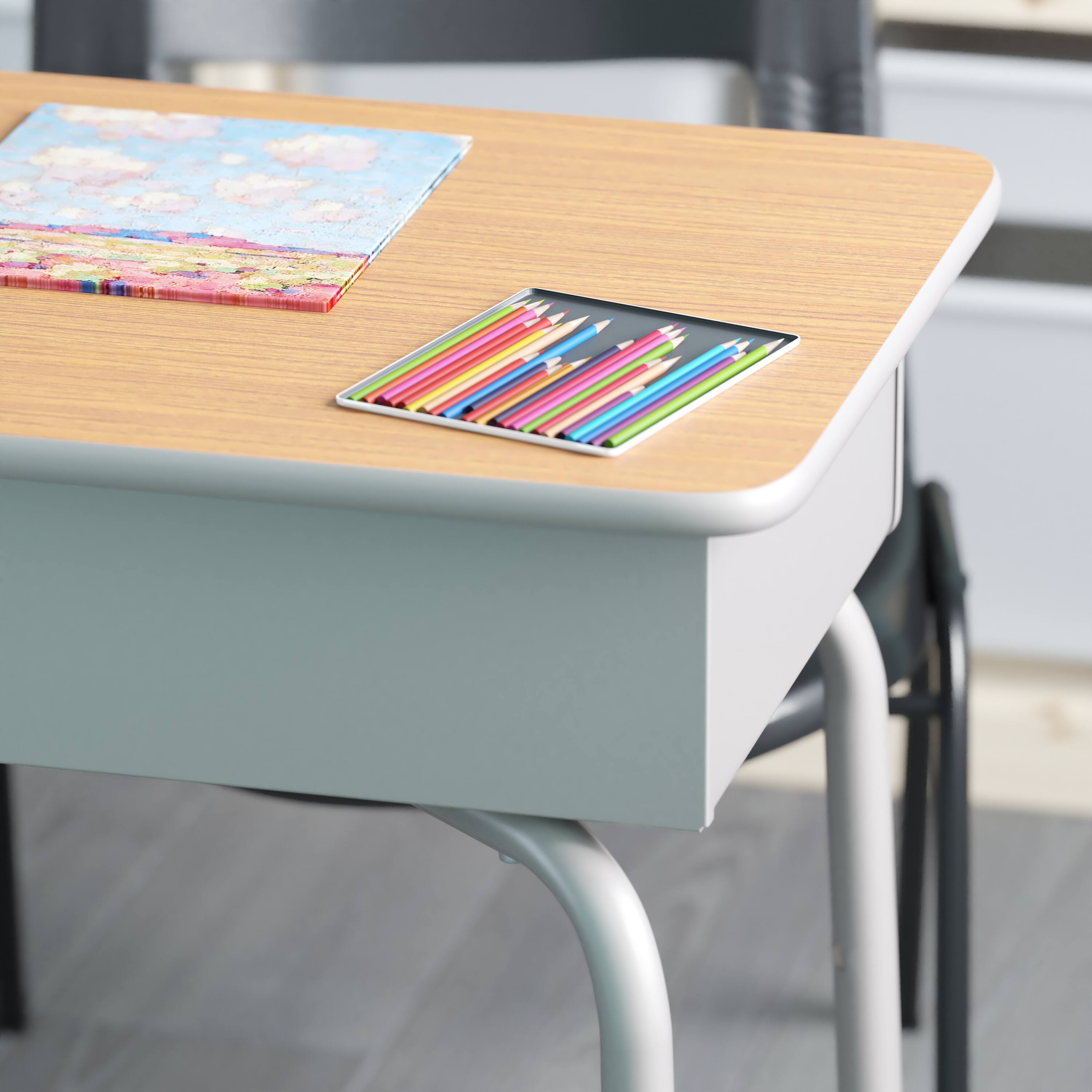 Alt View 4. Emma + Oliver - Student Desk with Open Front Metal Book Box - School Desk - Walnut Top/Silver Frame.