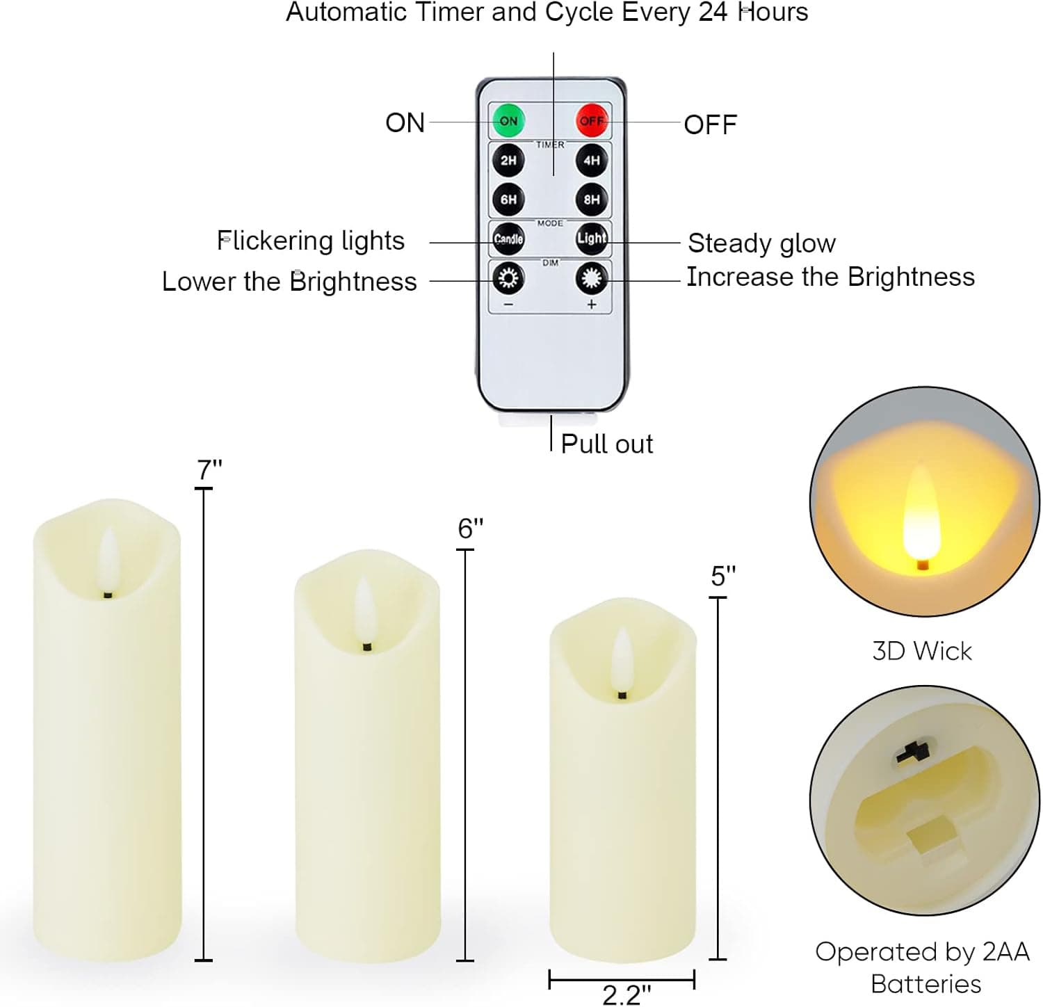 Automatic Timer and Cycle Every 24 Hours

- ON
- OFF
- 2H
- 4H
- 6H
- 8H
- MODE
- Candle Light
- DM
- I + Steady glow
- Increase the Brightness
- Flickering lights
- Lower the Brightness

7" Pull out
6"
5"
3D Wick
2.2"
Operated by 2AA Batteries