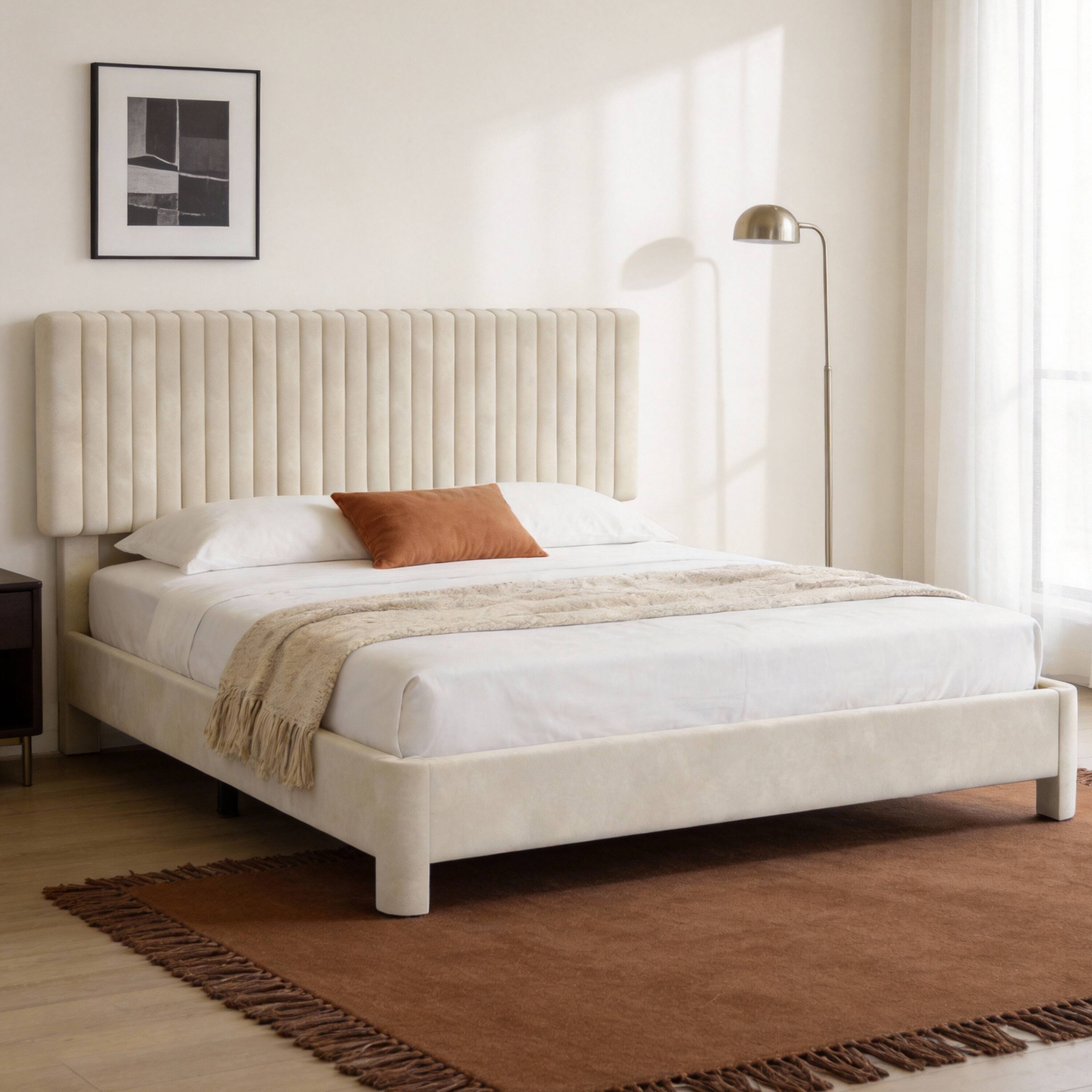 Left. Dyonery - Upholstered Platform Bed Frame with Velvet Fabric Headboard, Strong Wood Slats, No Box Spring Needed, Easy Assembly - Beige.