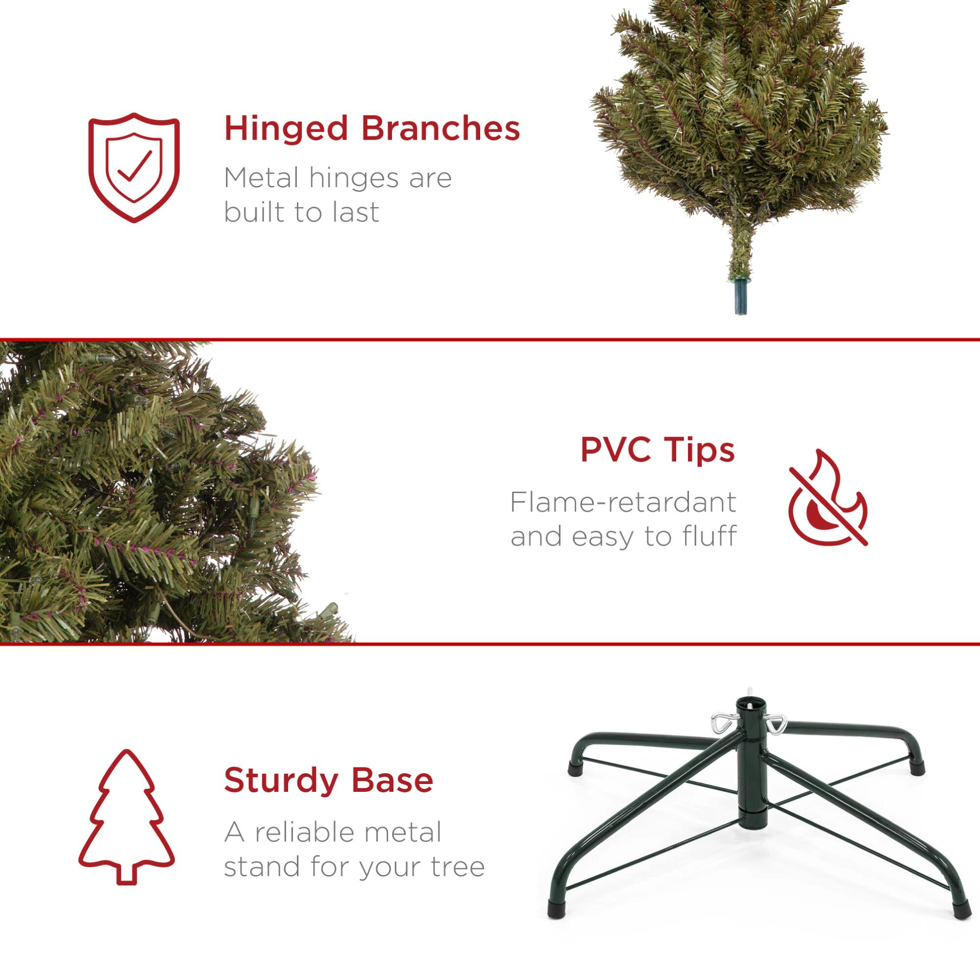 Hinged Branches  
Metal hinges are built to last  

PVC Tips  
Flame-retardant and easy to fluff  

Sturdy Base  
A reliable metal stand for your tree