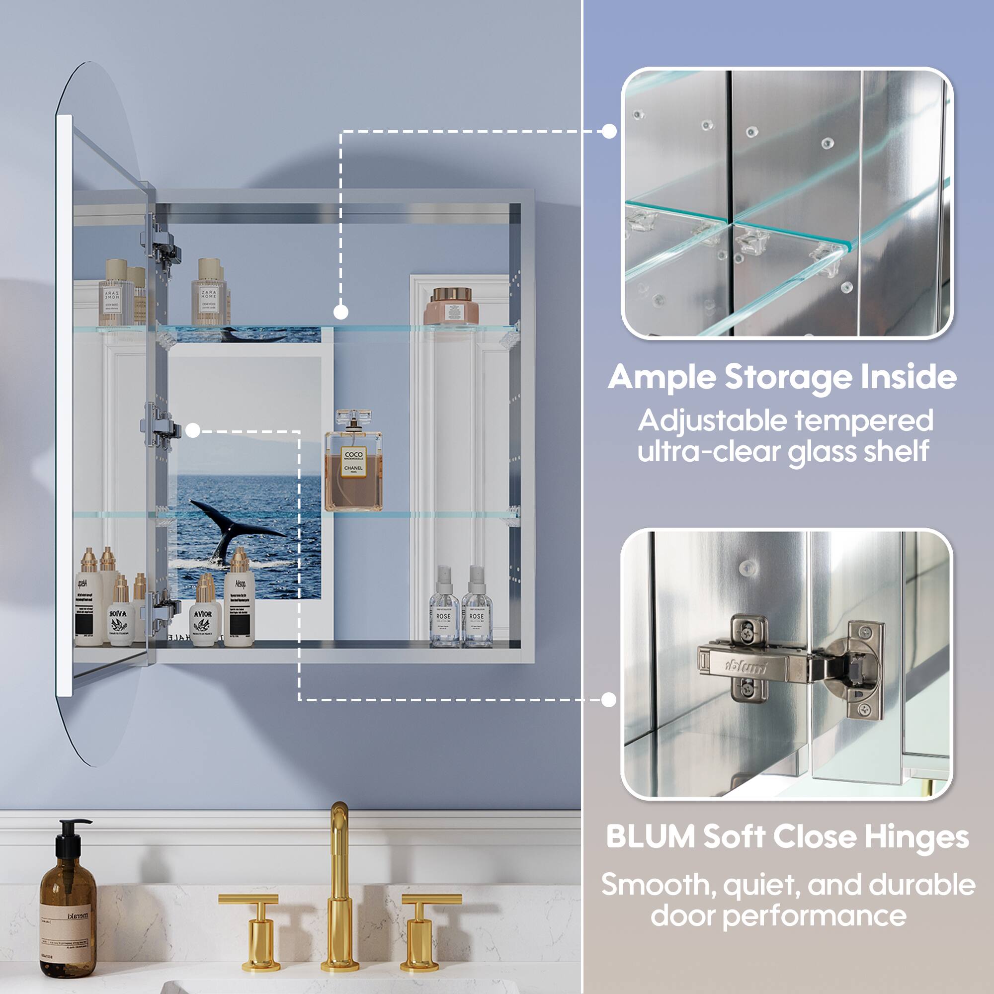 11 I 000 - Ample Storage Inside Adjustable tempered ultra-clear glass shelf - de avE - | LIBE 2s - BLUM Soft Close Hinges Smooth, quiet, and durable door performance