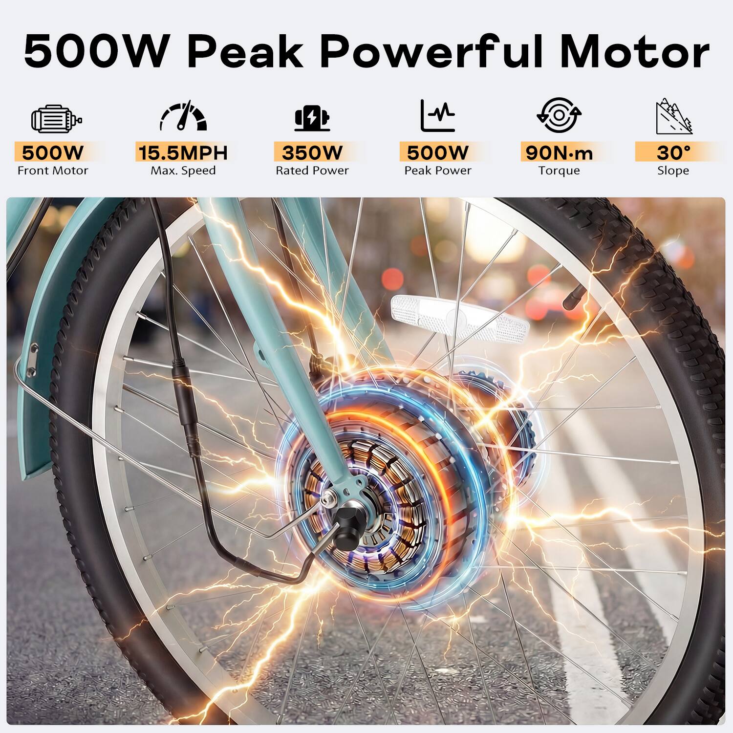 500W Peak Powerful Motor  
500W Front Motor  
15.5MPH Max. Speed  
350W Rated Power  
500W Peak Power  
90N.m Torque  
30° Slope