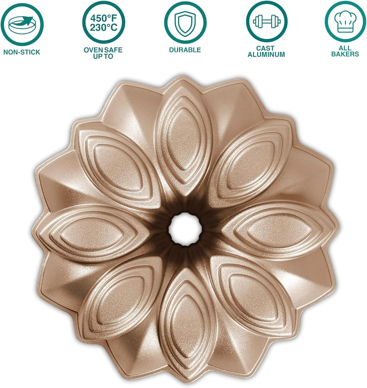 - Non-Stick
- Oven Safe up to 450°F (230°C)
- Durable
- Cast Aluminum
- All Bakers