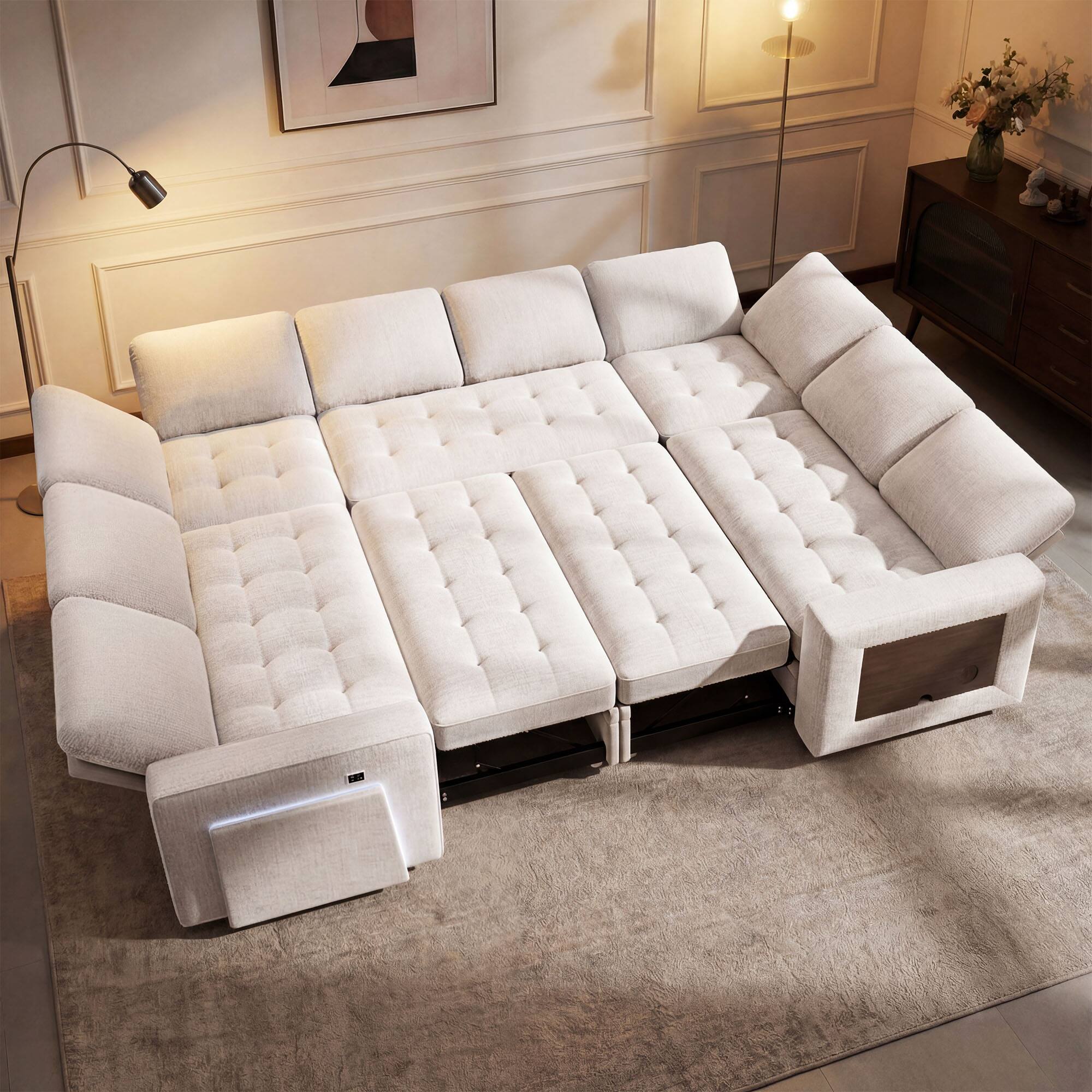 Back. Dyonery - Dyonery 8 Seat U Shaped Modular Sectional Sleeper Sofa Bed with Pull Out Bed/Reclining Backrest/USB Ports/Storage Seat - Beige.