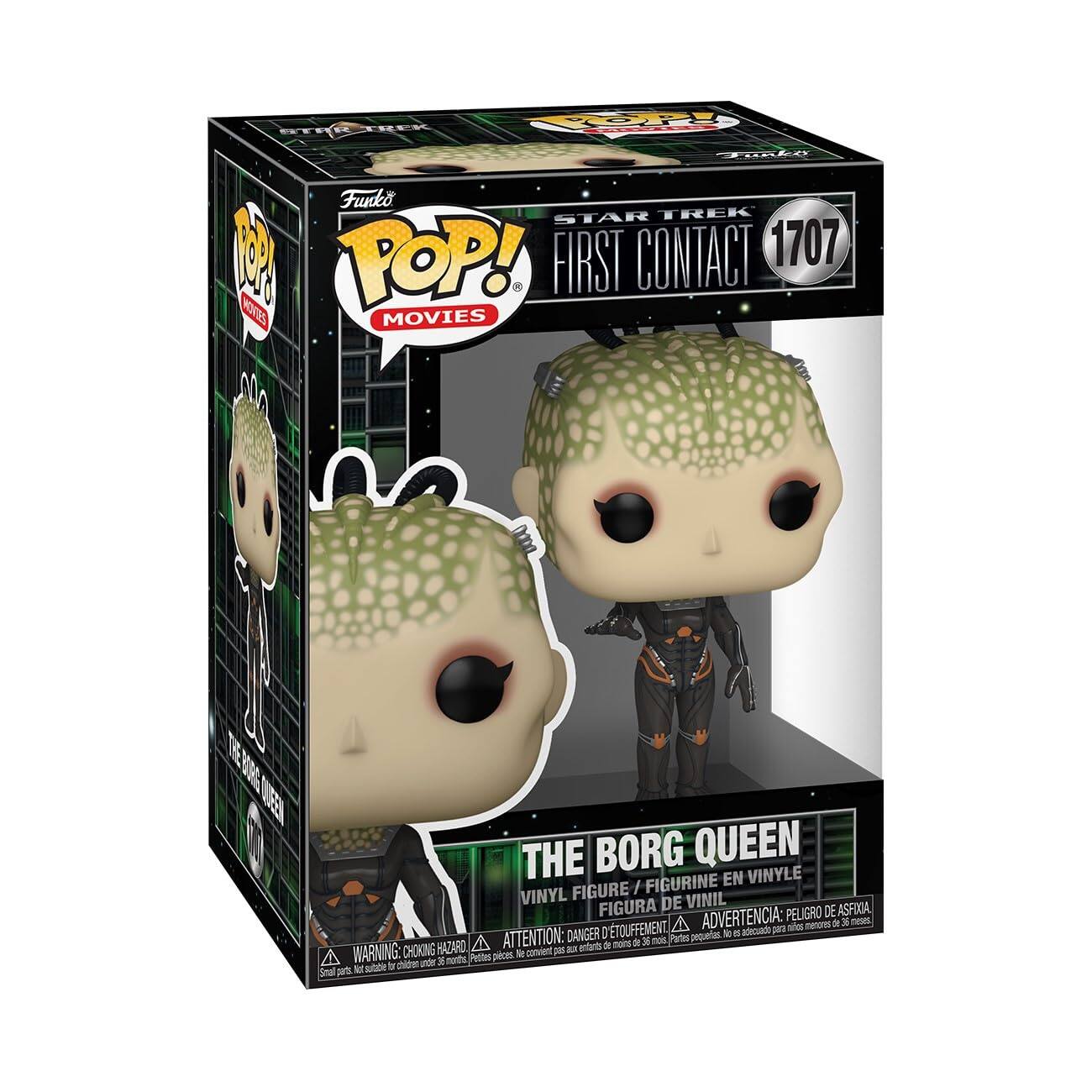 The text can be grouped as follows:

- **Funko**
- **Star Trek 1**
- **POP! Movies**
- **First Contact 1707**
- **The Borg Queen**
- **Figurine en Vinyl**
- **Figura de Vinil**
- **Peligro de Asfixia**
- **Advertencia: Peligro de Asfixia**
- **Attention: Danger of suffocation**
- **Warning: Choking Hazard**
- **Parts not suitable for children under 3 years**