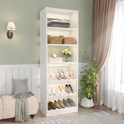 Front. Aheaplus - 25'' Closet Organizer System, 7-Tier Closet Shoe Organizer with Adjustable Shelves - White.
