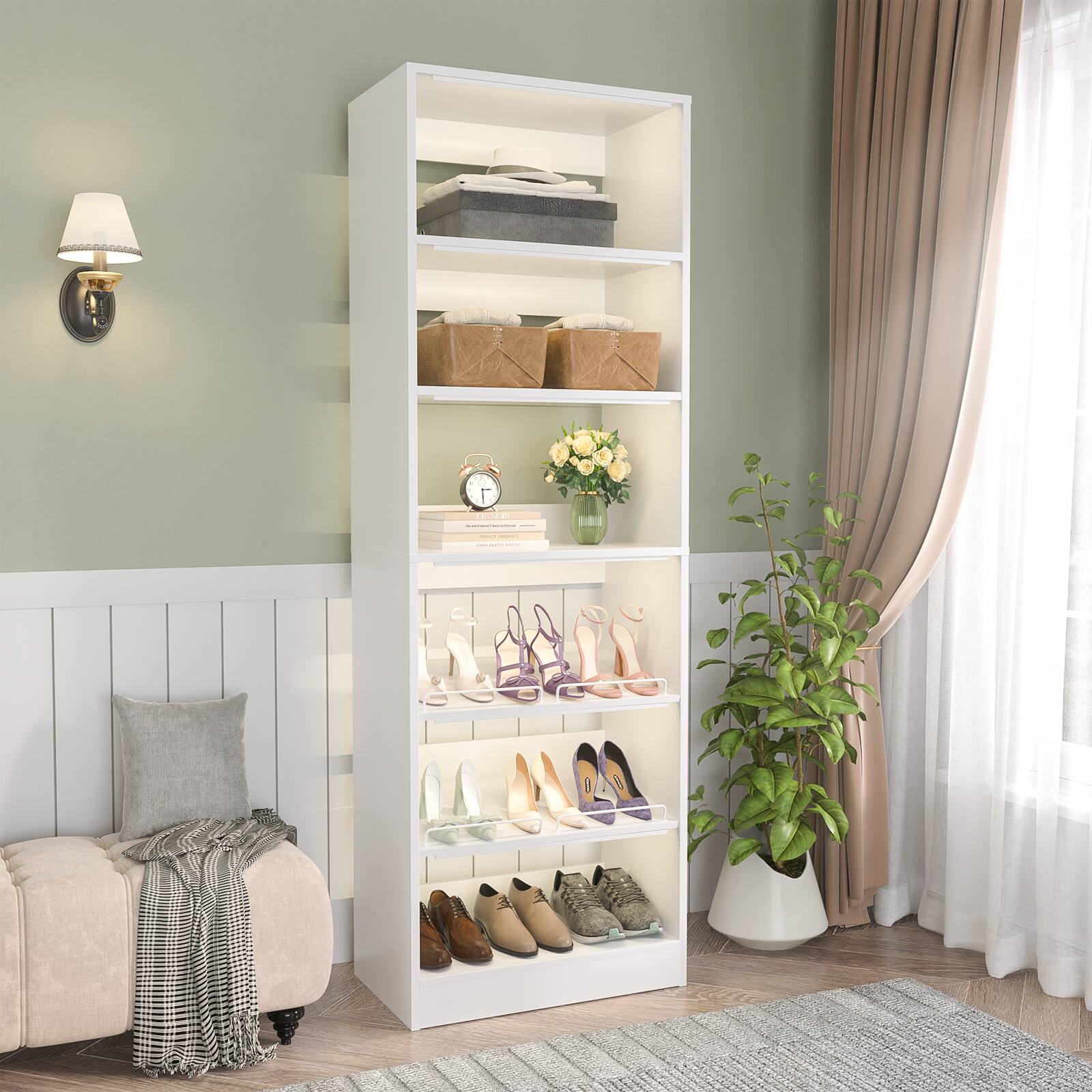 Front. Aheaplus - 25'' Closet Organizer System, 7-Tier Closet Shoe Organizer with Adjustable Shelves - White.