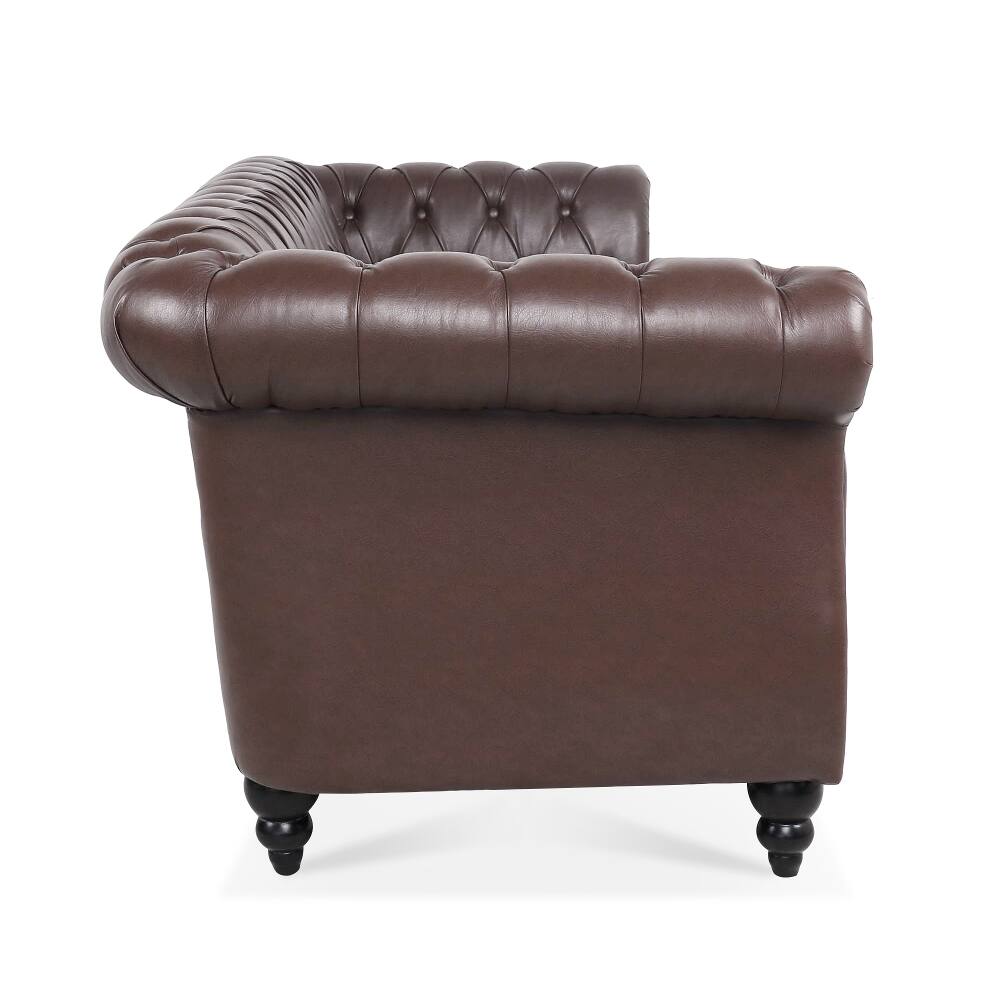 Alt View 1. Loheer - Loheer 84.65" Dark Brown PU Leather Chesterfield Sofa, Rolled Arm 3 Seater Couch with Tufted Back for Living Room - Dark Brown.