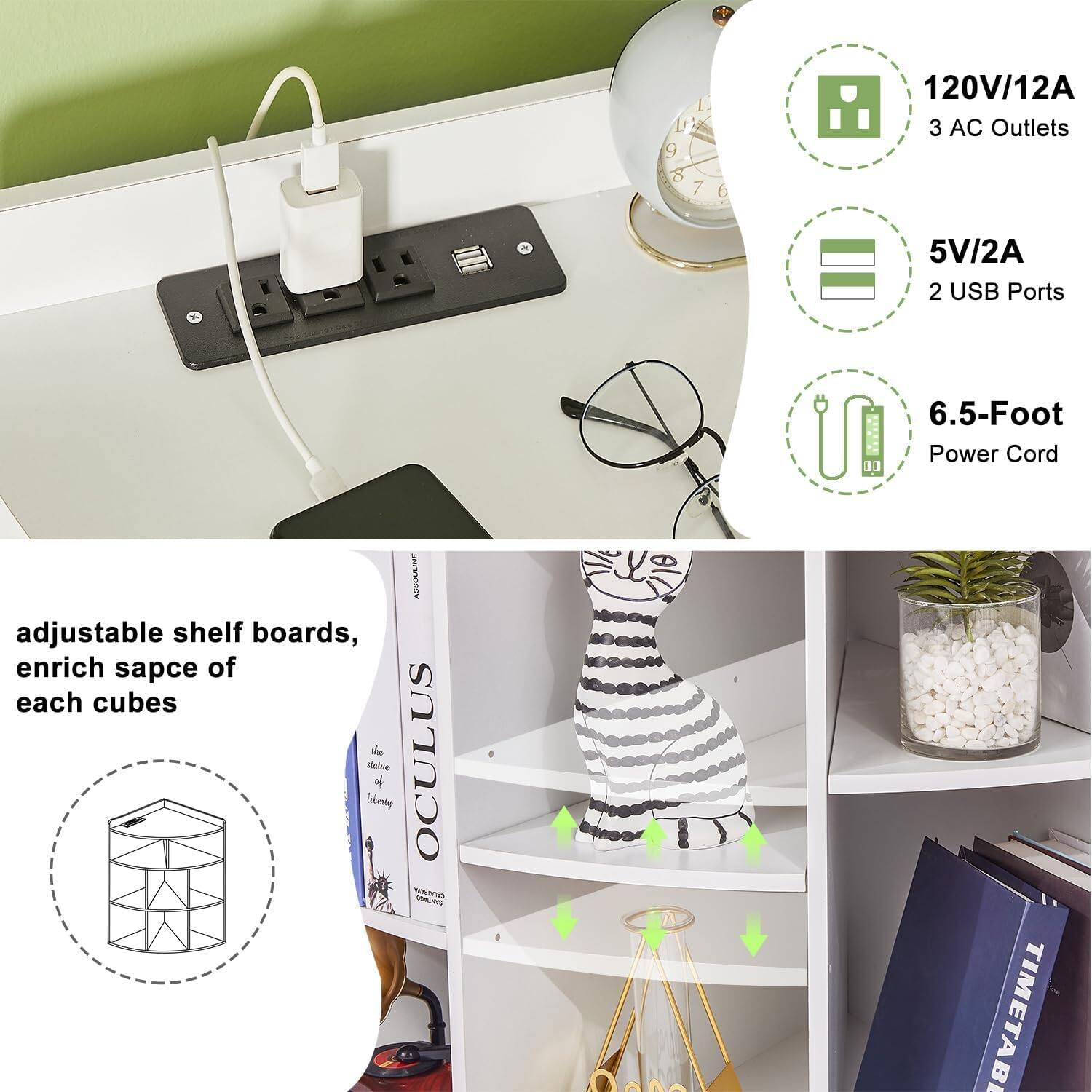 120V/12A  
3 AC Outlets  
5V/2A  
2 USB Ports  
6.5-Foot Power Cord  

adjustable shelf boards, enrich space of each cubes  

OCULUS SAUP  
the station of liberty  

TIMETABLE