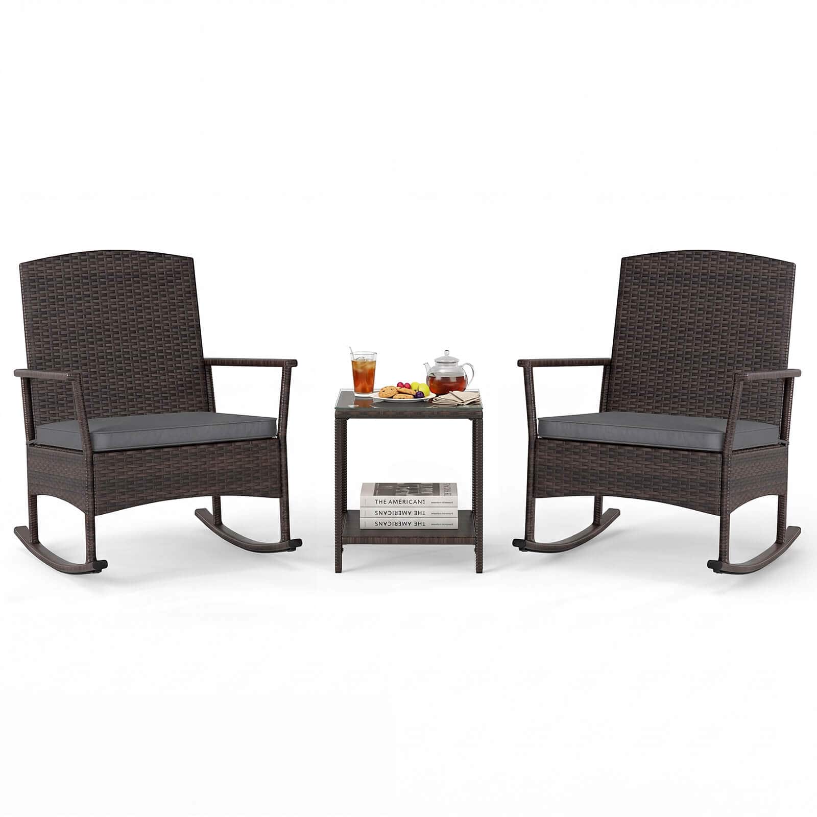 Costway - 3 Piece Patio Rocking Bistro Set, 2 Rattan Armchairs with 2-Tier Side Table - Mix Brown + Gray