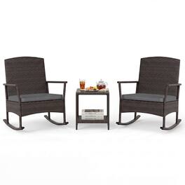 Costway - 3 Piece Patio Rocking Bistro Set, 2 Rattan Armchairs with 2-Tier Side Table - Mix Brown + Gray