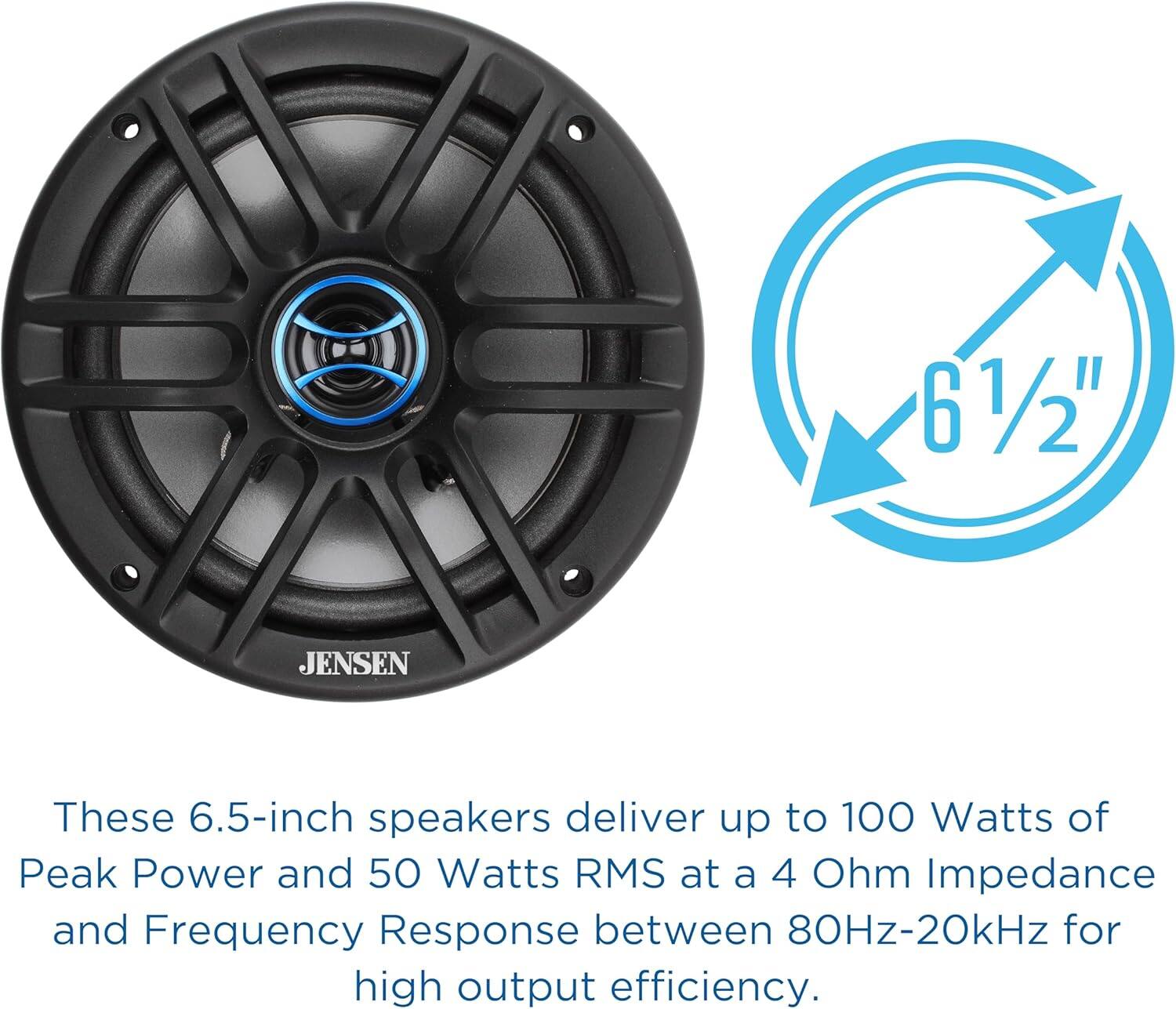 These 6.5-inch speakers deliver up to 100 Watts of Peak Power and 50 Watts RMS at a 4 Ohm Impedance and Frequency Response between 80Hz-20kHz for high output efficiency.