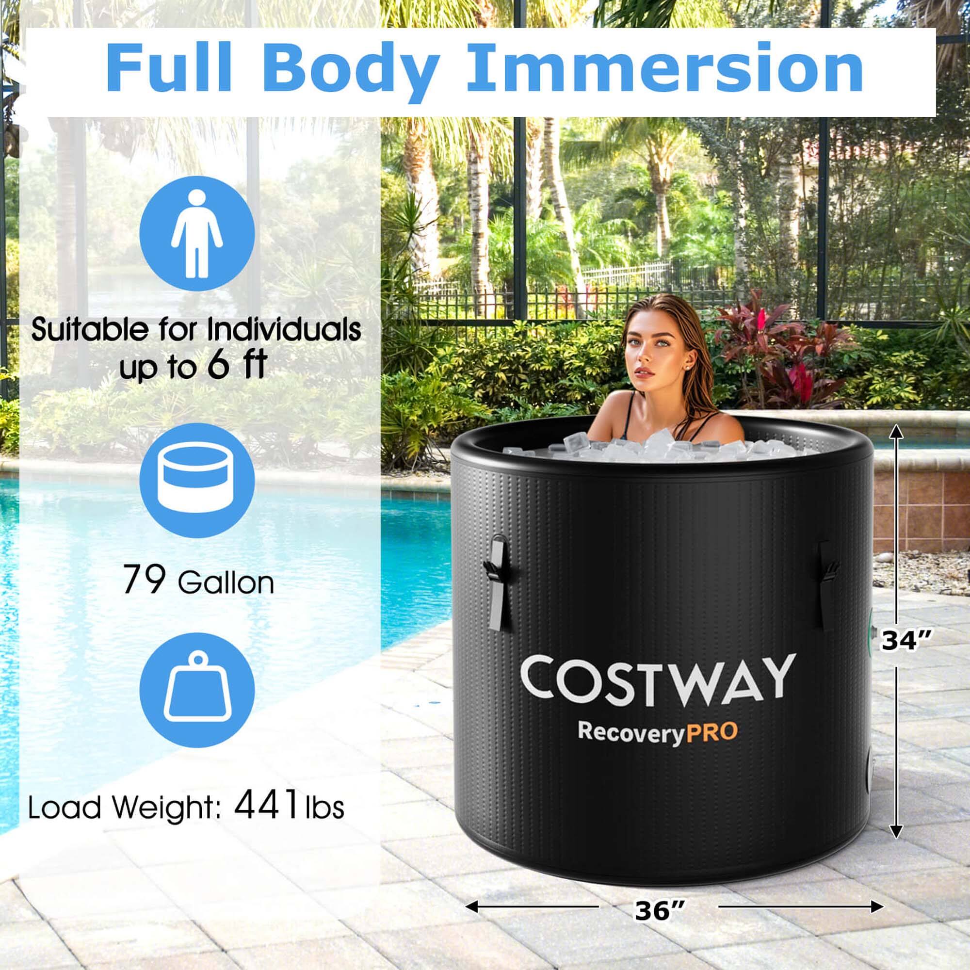 Full Body Immersion Suitable for Individuals up to 6 ft 79 Gallon 34" COSTWAY RecoveryPRO Load Weight: 441 lbs 36"