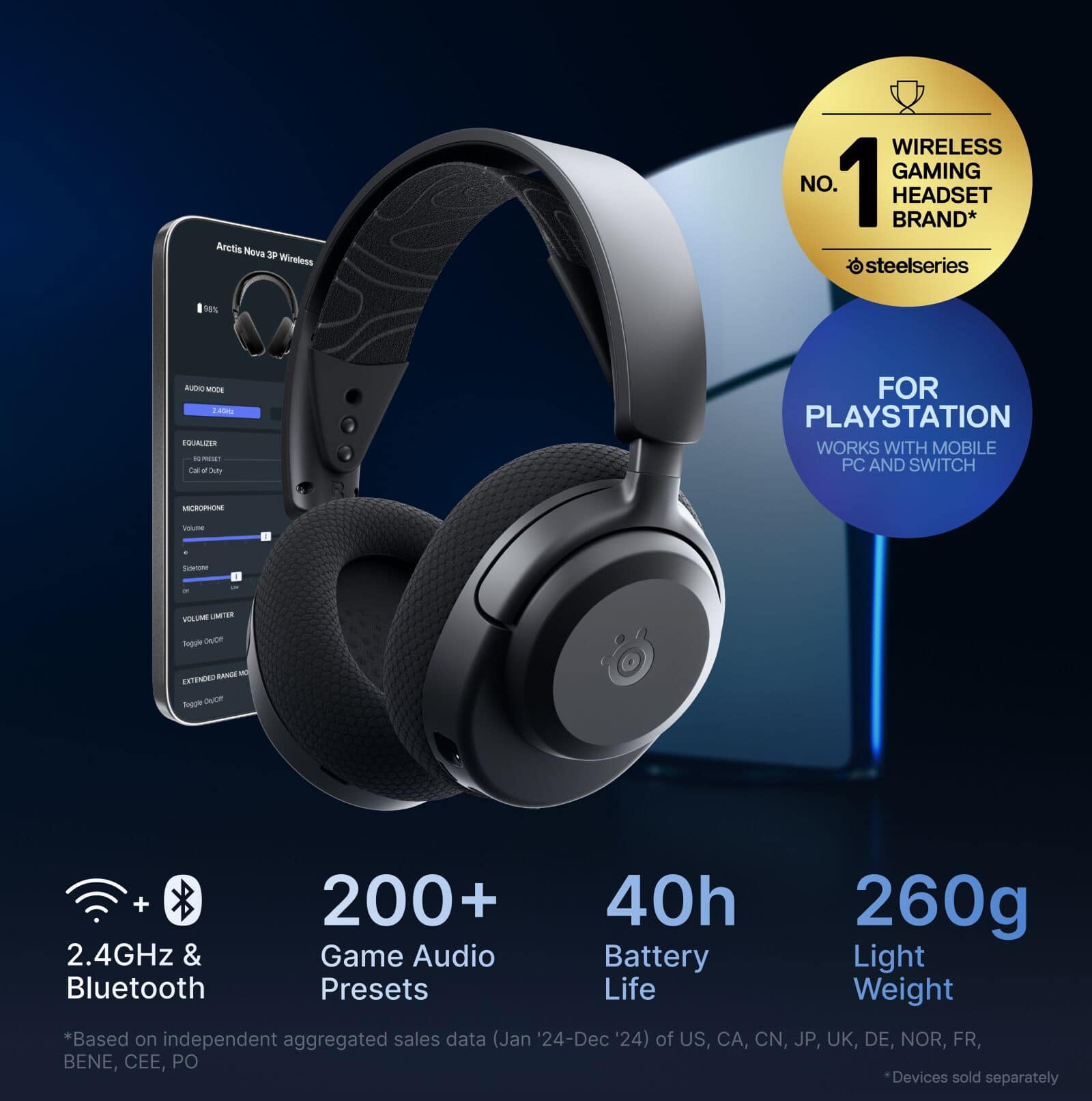 The image features a pair of wireless gaming headphones by Steelseries, which are designed to work with PlayStation, PC, and Switch. The headphones are advertised as having a battery life of 40 hours, and they come with 200+ 40h 260g 2.4GHz & Game Audio Battery Light Bluetooth Presets Life Weight. The headphones are also compatible with mobile and PC devices. The image is accompanied by a description of the product, which includes details about the brand, features, and compatibility.