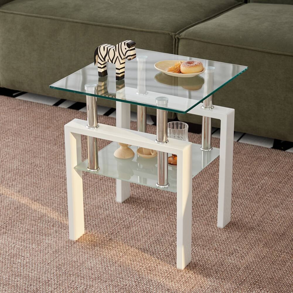 Loheer Tempered Clear Glass End Table 2 Layer Small Sofa Side Table ...